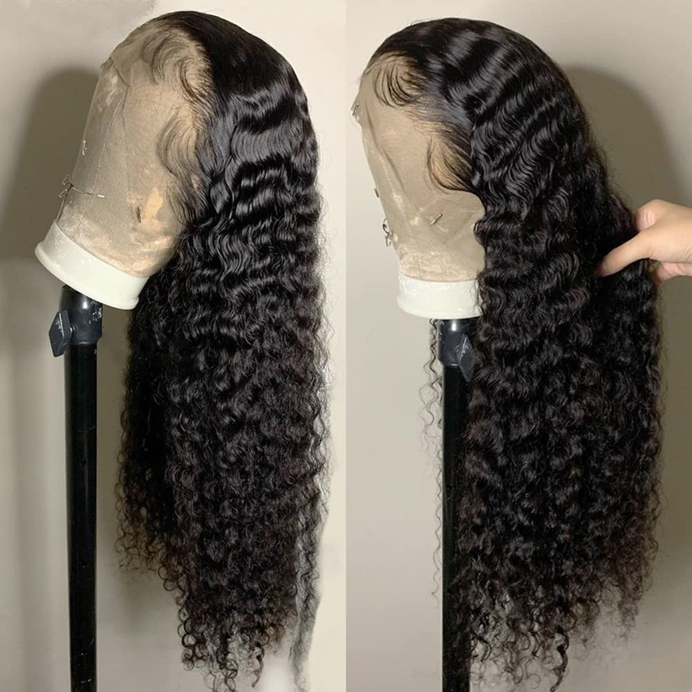 Deep wavy lace front wig, real hair density 180, density 13x4, HD transparent forehead wig, women's deep curly wig, glue-free, real hair, pre-plucked, contains baby hair, natural black, 20 inches.