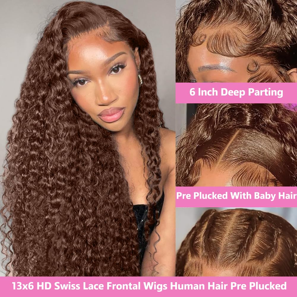 30-inch (approx. 30 cm) chocolate brown lace front wig, real hair, 200 density, 13x6 HD deep wave lace front wig, real hair, colored deep curl lace front wig, glue-free wig, brown wig, suitable for women.