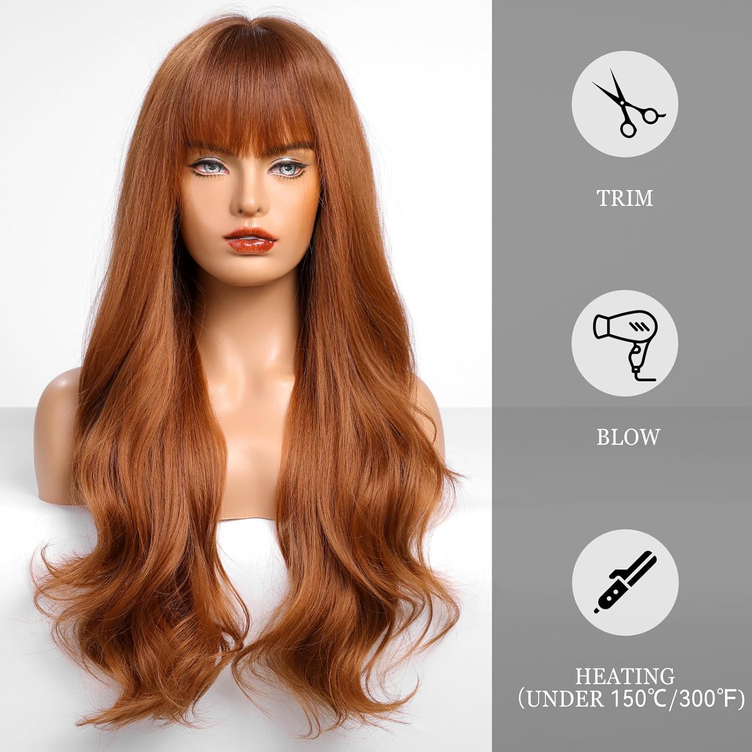 HAIRCUBE Auburn Wig with Bangs, Women's Long Curly Synthetic Wig, Suitable for Girls' Everyday Wear and Parties