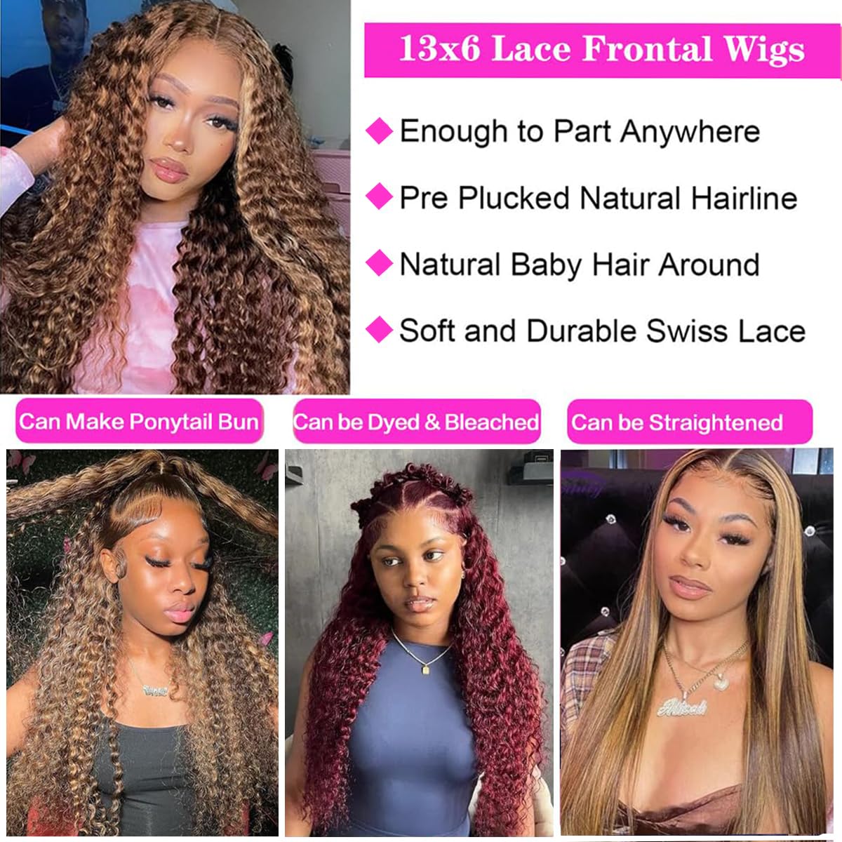 30-inch (approx. 30 cm) honey blonde high-gloss gradient lace front wig, 200% density 13x6 HD lace front wig, real hair deep wave curl lace front wig, pre-harvested baby hair.