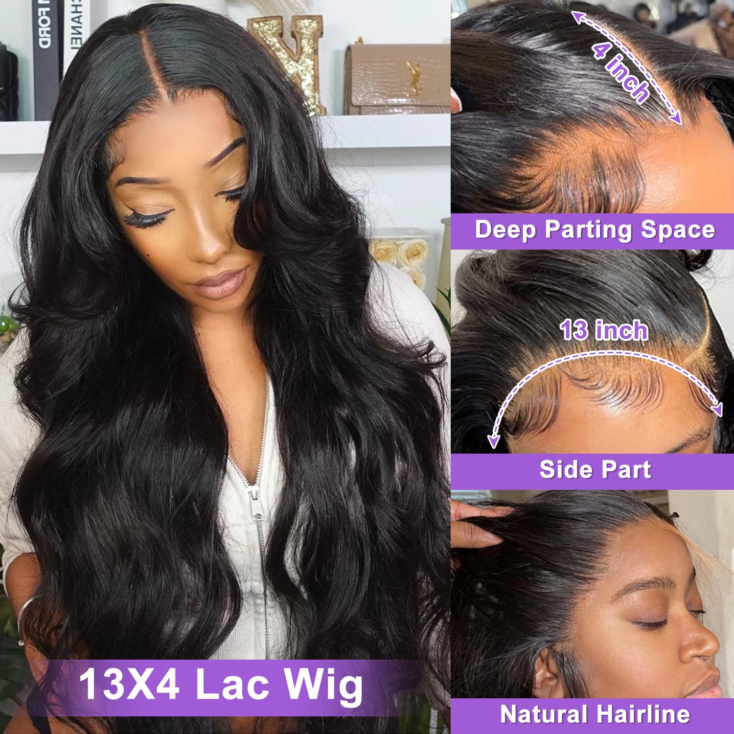 13x4 body wavy lace front wig, real hair, pre-plucked 180 density HD transparent lace front wig, human hair, suitable for women, glue-free wig, real hair, includes baby hair