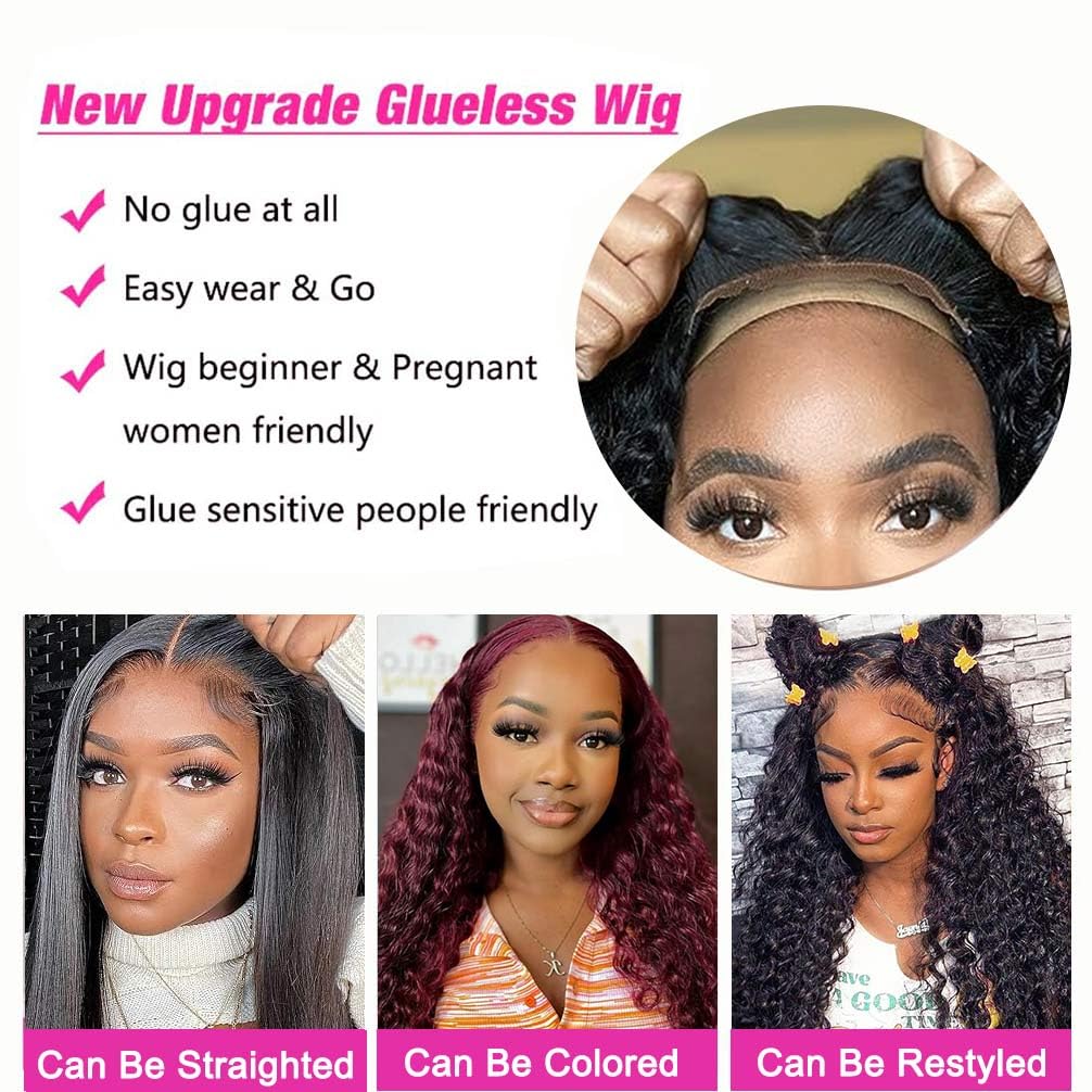 Wear and Go Glue-Free Real Hair Pre-Cut Lace Wig Suitable for Black Women 180 Density Water Wave Bob Wig Real Hair Curls (20 inches)