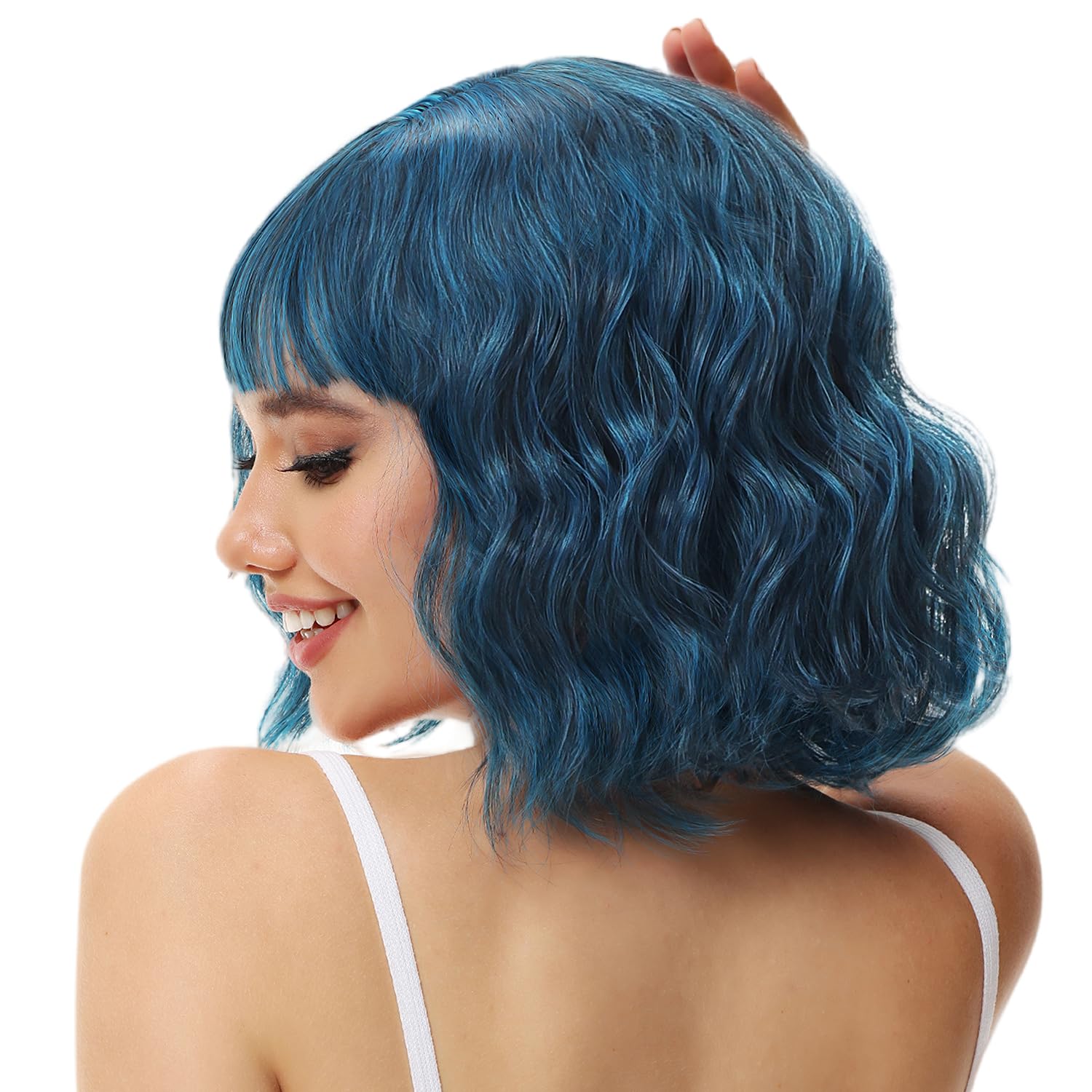 Rose Bud wavy bob wig with bangs, natural blue synthetic hair, shoulder length, short curly wig for women.v
