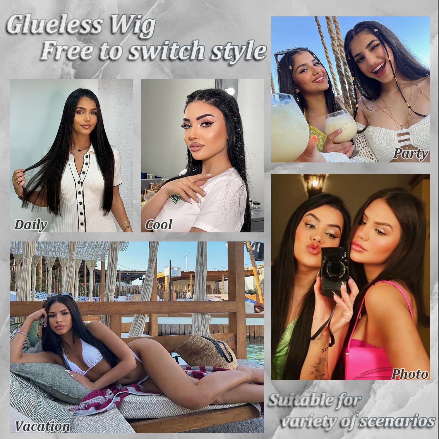 Glue-free, real hair, pre-cut, 6x4cm, straight hair with lace front, 20-inch high-definition lace front wig for women, 180% density, durable, wear-resistant, glue-free wig, black.