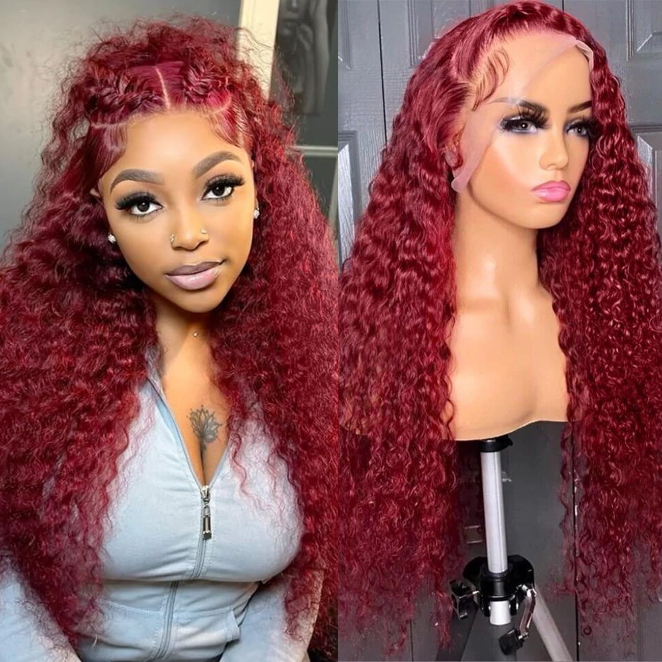 Burgundy wig, 99% real human hair, burgundy, 13x6cm, deep wavy lace front wig, pre-plucked real hair, HD, transparent lace front wig, suitable for Black women, red wig, 20 inches.