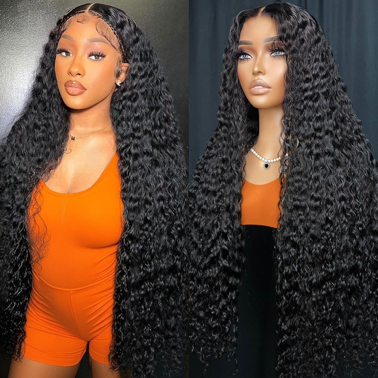 28-inch (approx. 28 cm) deep wavy lace front wig, 200% real hair density, 13x4 high-definition lace front wig, pre-puffed real hair, deep curl wig, women's style, natural black.