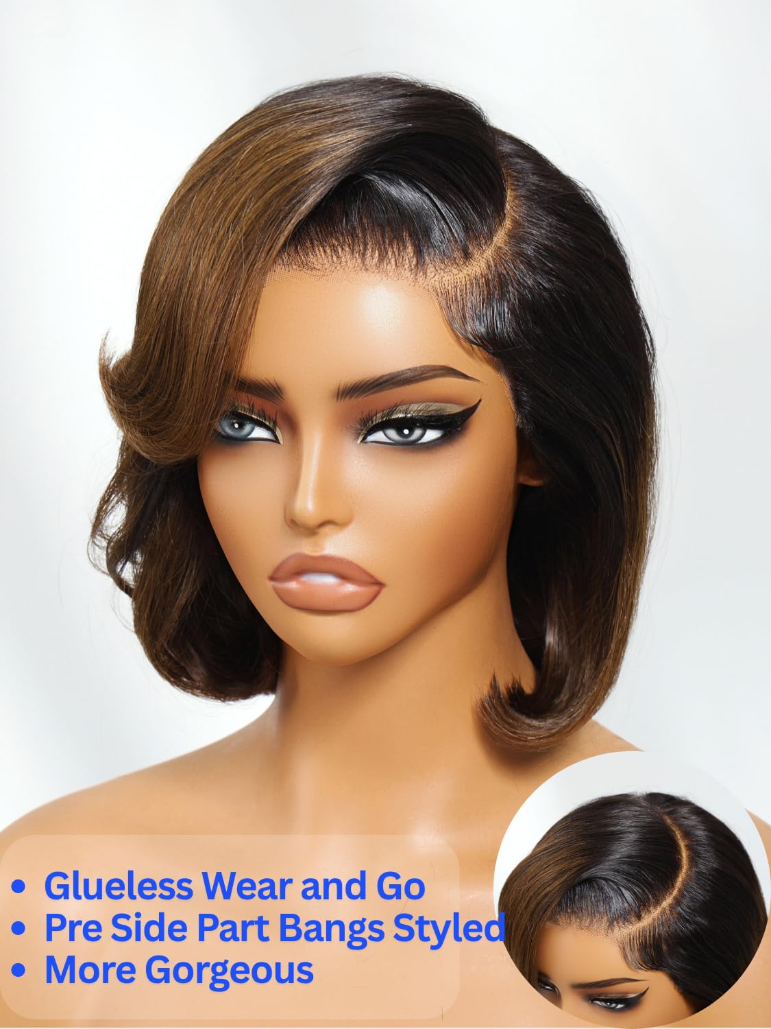 Nadula Glue-Free Goodbye Knot Short Bob Wig with Strap, Real Hair Hairband, Blow-Dry Bangs, Black to Chestnut Brown Gradient, Pre-Cut 7x5 HD Lace Front Wig, Pre-Pulled Bleached Knot, Ready to Wear, 10 Inches (Approx. 25.4 cm).
