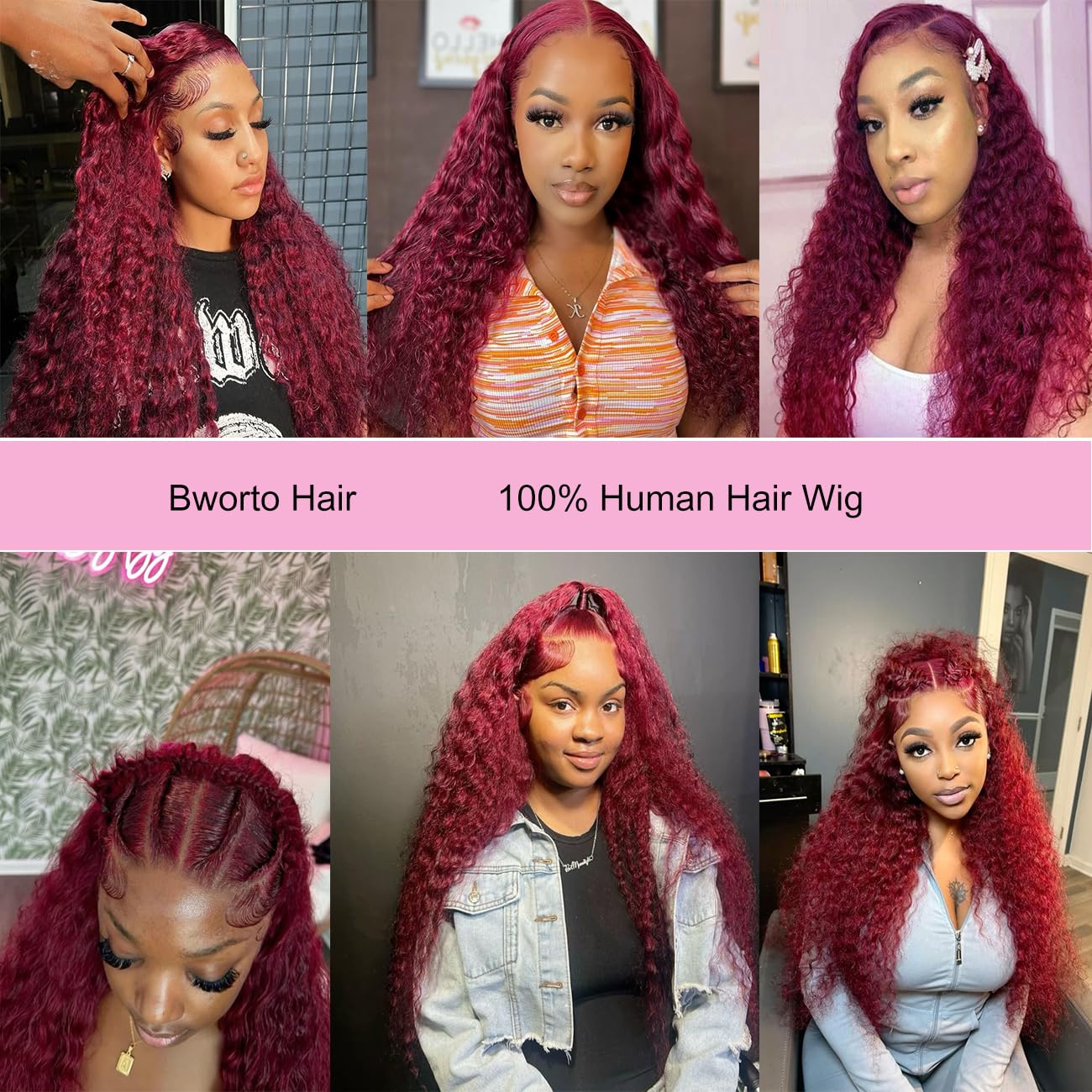 Burgundy wig, 99% real human hair, burgundy, 13x6cm, deep wavy lace front wig, pre-plucked real hair, HD, transparent lace front wig, suitable for Black women, red wig, 20 inches.