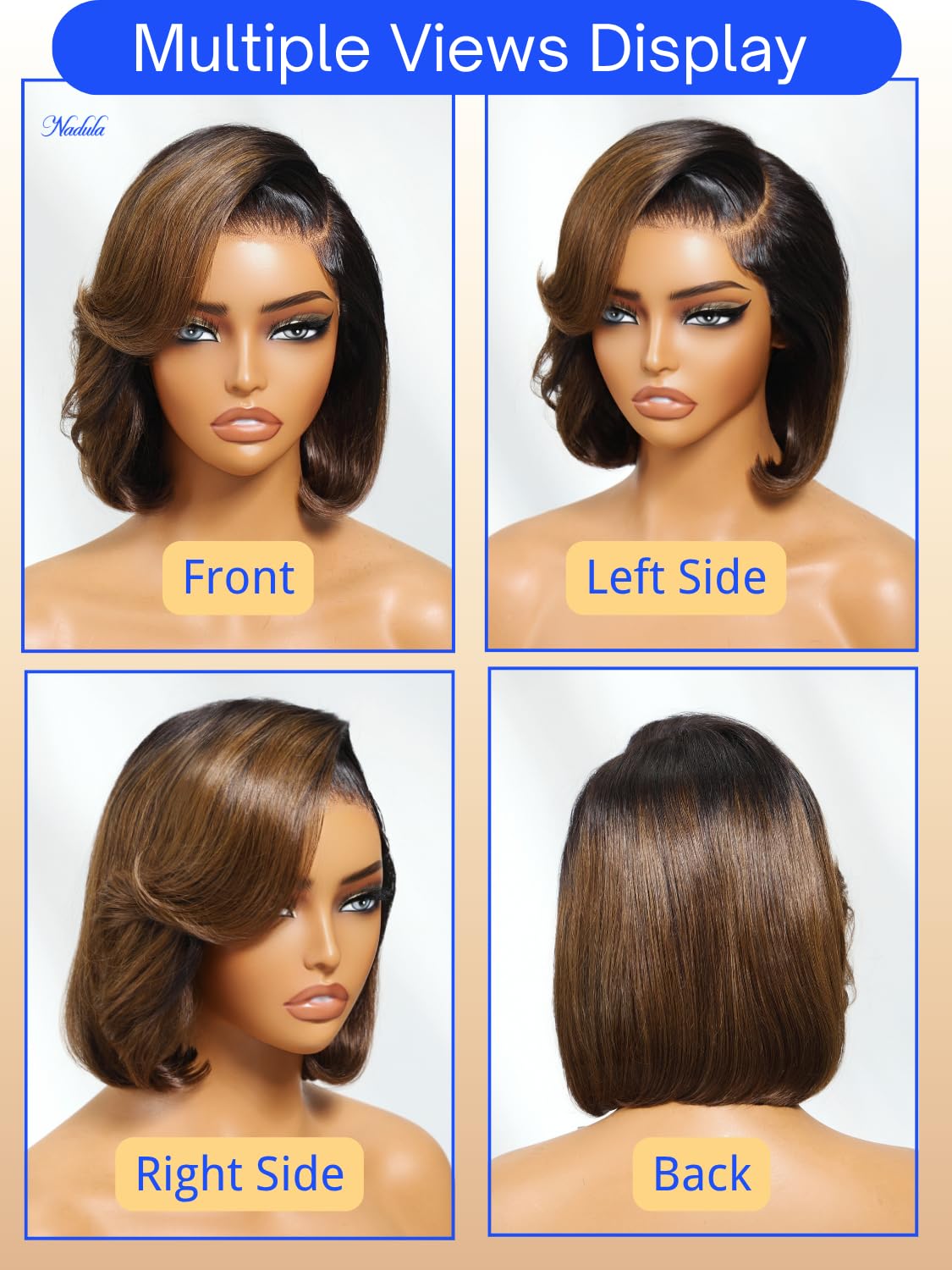 Nadula Glue-Free Goodbye Knot Short Bob Wig with Strap, Real Hair Hairband, Blow-Dry Bangs, Black to Chestnut Brown Gradient, Pre-Cut 7x5 HD Lace Front Wig, Pre-Pulled Bleached Knot, Ready to Wear, 10 Inches (Approx. 25.4 cm).