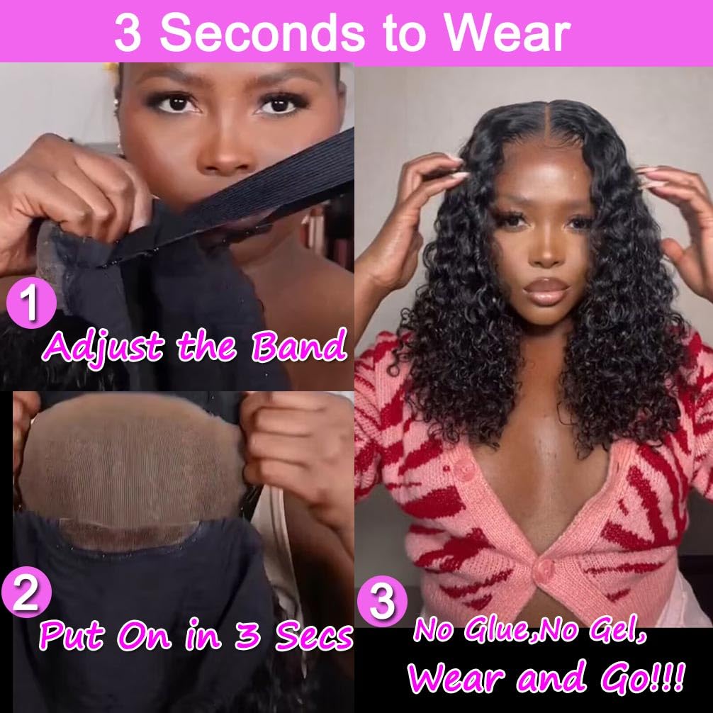 Wear and Go Glue-Free Real Hair Pre-Cut Lace Wig Suitable for Black Women 180 Density Water Wave Bob Wig Real Hair Curls (20 inches)