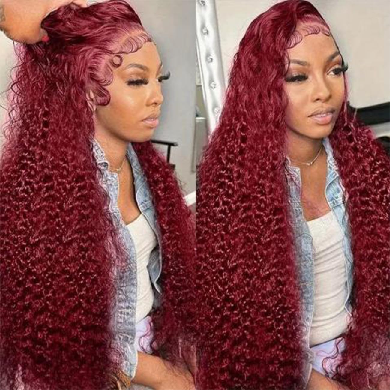 Burgundy wig, 99% real human hair, burgundy, 13x6cm, deep wavy lace front wig, pre-plucked real hair, HD, transparent lace front wig, suitable for Black women, red wig, 20 inches.