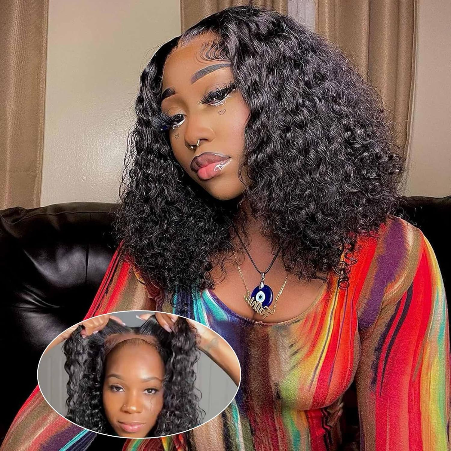 Curly Bob Wig, Real Hair 200, Density 5x5, High-Quality Lace Closed Deep Wave Wig, Suitable for Black Women, Glue-Free, Wear-Resistant, Pre-Pulled Deep Wave, Wet Wave, Glue-Free Wig, Real Hair, Natural Black, 14 Inches