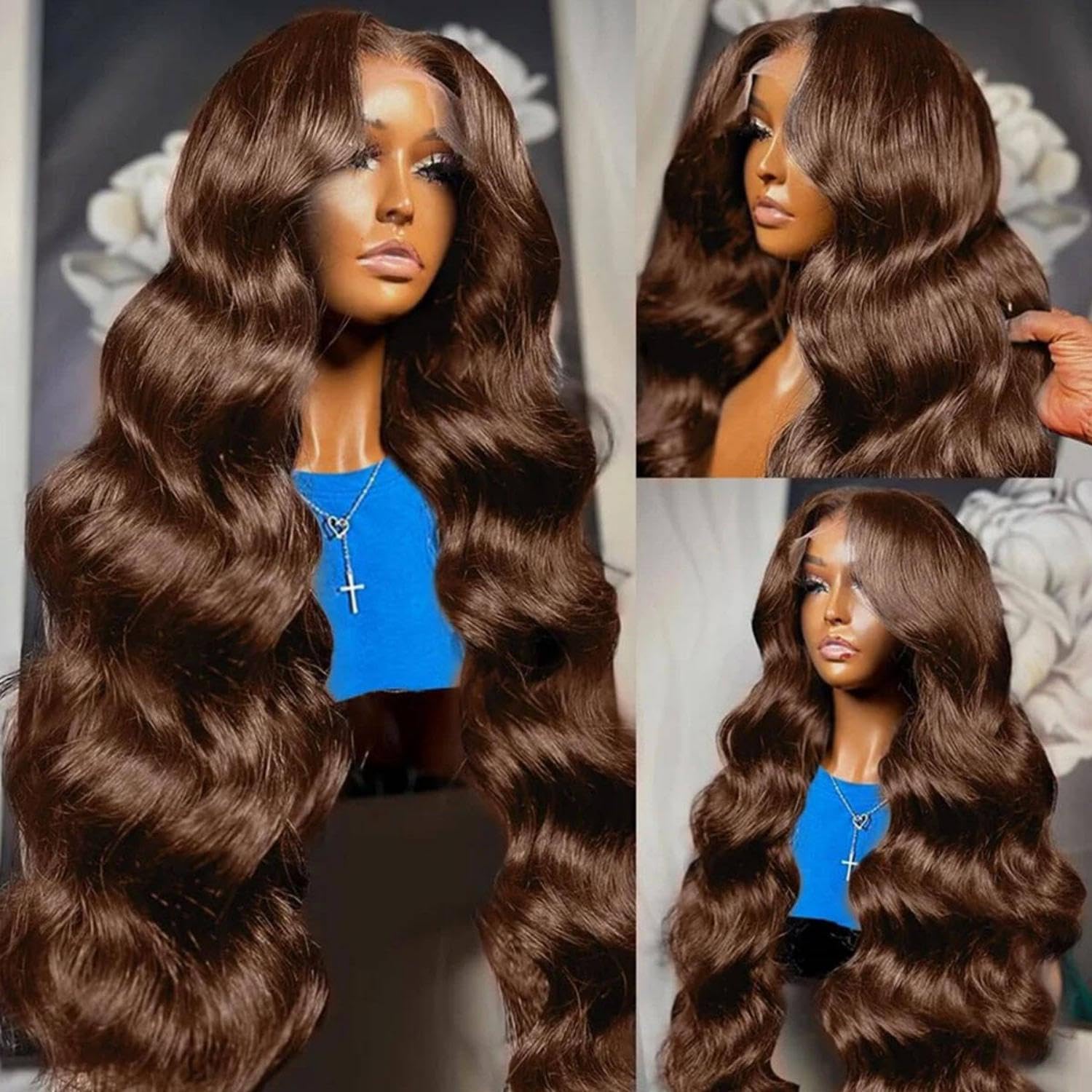Chocolate brown lace front wig, 200 density, brown waves, 13x4, high-definition lace front wig, real hair pre-plucked and baby hair brown wig, colored #4, front-facing real human hair wig, women's style (30 inches).