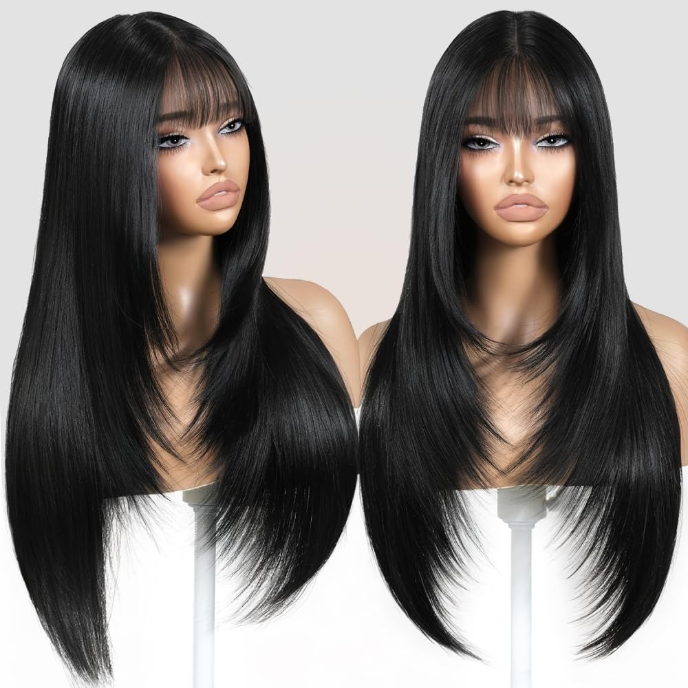 Long black wig with bangs, synthetic heat-resistant layered style, suitable for everyday wear and parties.