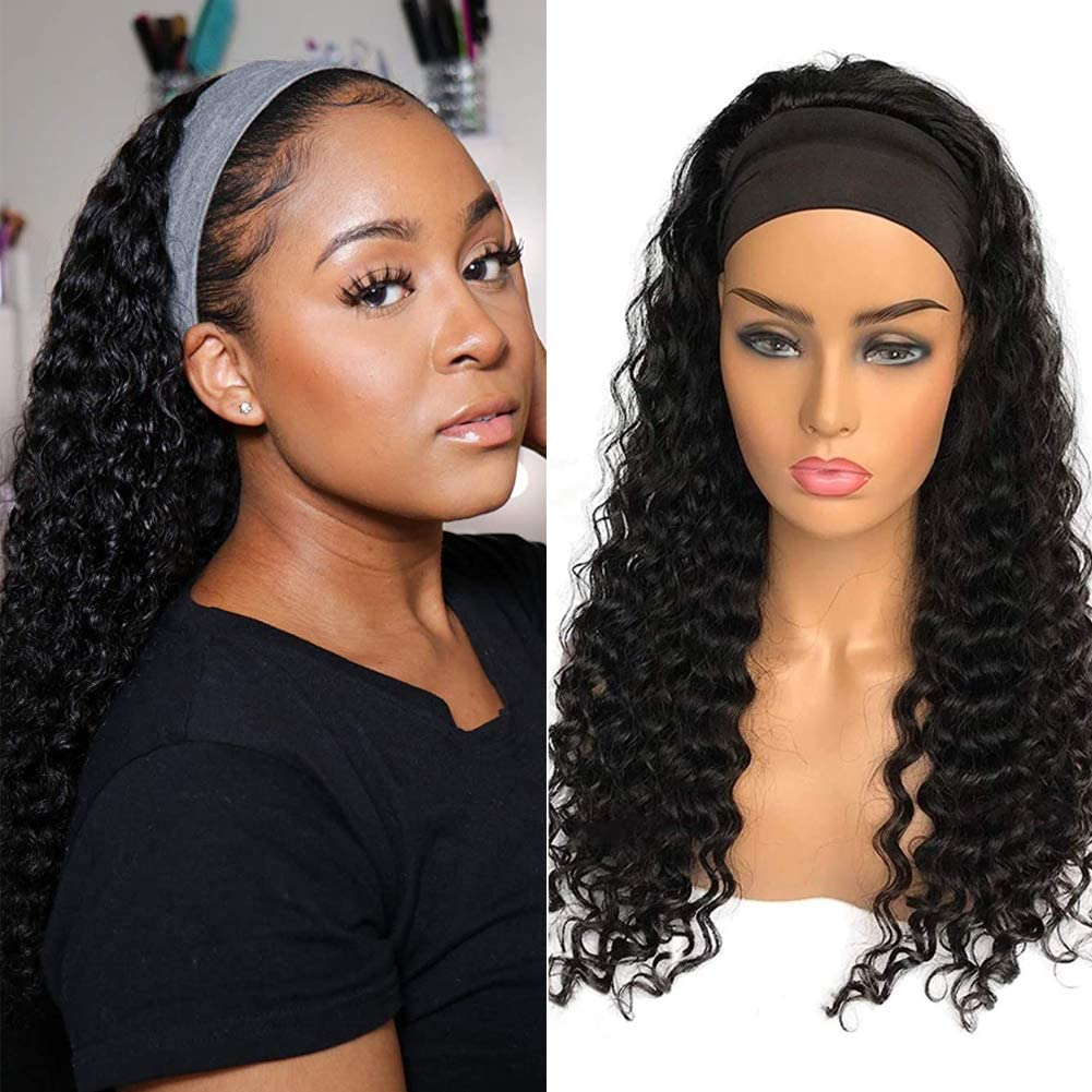XSY headband wig, real human hair, deep wave, 24 inches (approx. 50.8 cm), undyed/unpermed, Brazilian, no lace, front wig, glue-free, machine-made, suitable for Black women, natural color.