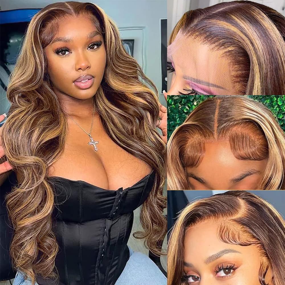 Pizazz 13x4 Gradient Highlight Lace Front Wig - Real Hair with Baby Hair 180 Density 4/27 - Honey Blonde Wavy Front Wig - Real Hair 26 Inches