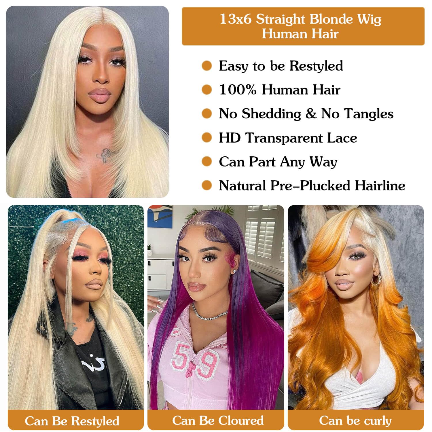 BZN 613 13x6 Lace Front Wig, Real Hair, 28 Inches, 200 Density, 613, Lace Front Wig, Golden Straight Real Hair, 613 HD, Lace Front Wig, Pre-Removed Baby Hair