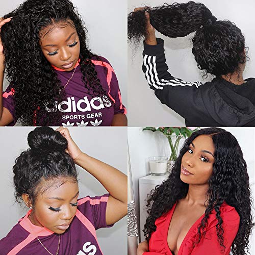 Deep wavy lace front wig, real hair density 180, density 13x4, HD transparent forehead wig, women's deep curly wig, glue-free, real hair, pre-plucked, contains baby hair, natural black, 20 inches.