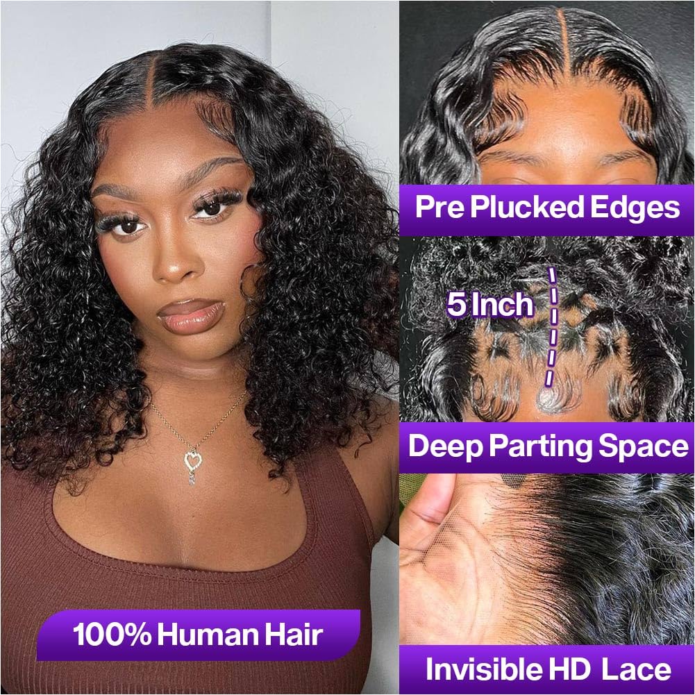 Curly Bob Wig, Real Hair 200, Density 5x5, High-Quality Lace Closed Deep Wave Wig, Suitable for Black Women, Glue-Free, Wear-Resistant, Pre-Pulled Deep Wave, Wet Wave, Glue-Free Wig, Real Hair, Natural Black, 14 Inches