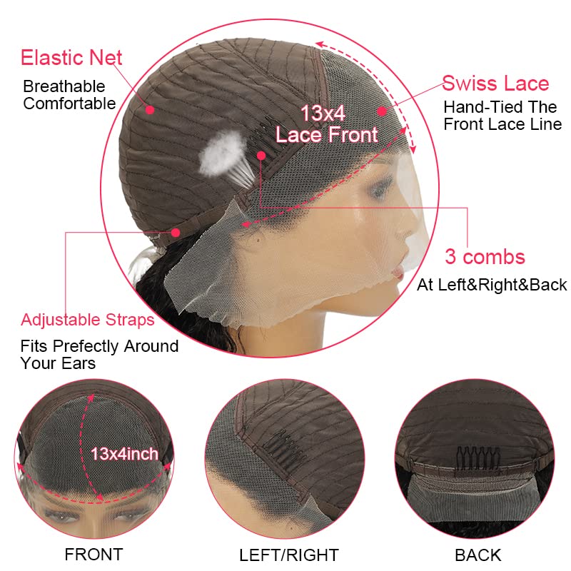 Deep wavy lace front wig, real hair density 180, density 13x4, HD transparent forehead wig, women's deep curly wig, glue-free, real hair, pre-plucked, contains baby hair, natural black, 20 inches.