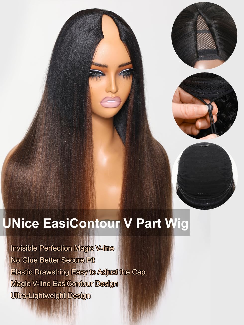UNICE V Part Wigs - Real Hair Yaki Straightener, Vpart, Glue-Free, Seamless, Gradient Chestnut Brown, Suitable for Beginners, 150% Density, 18 Inches (Approx. 45.7 cm)