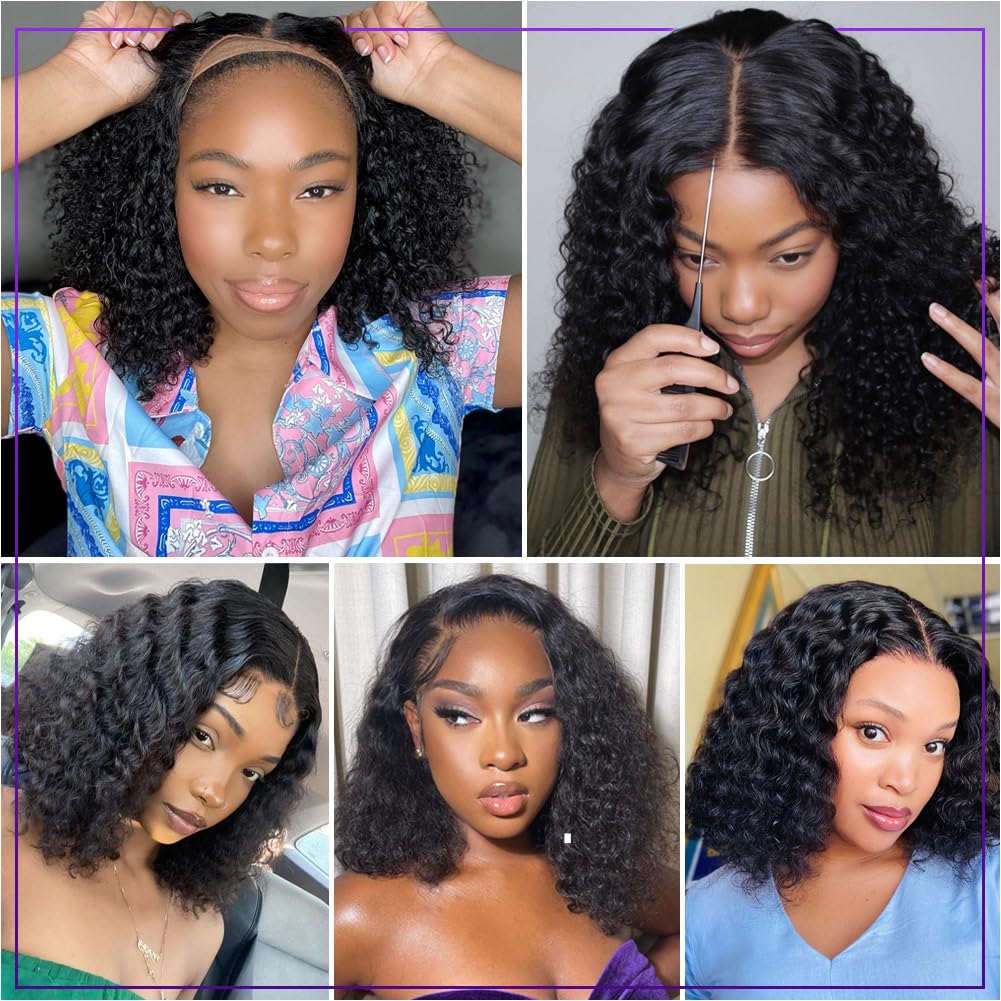 Curly Bob Wig, Real Hair 200, Density 5x5, High-Quality Lace Closed Deep Wave Wig, Suitable for Black Women, Glue-Free, Wear-Resistant, Pre-Pulled Deep Wave, Wet Wave, Glue-Free Wig, Real Hair, Natural Black, 14 Inches