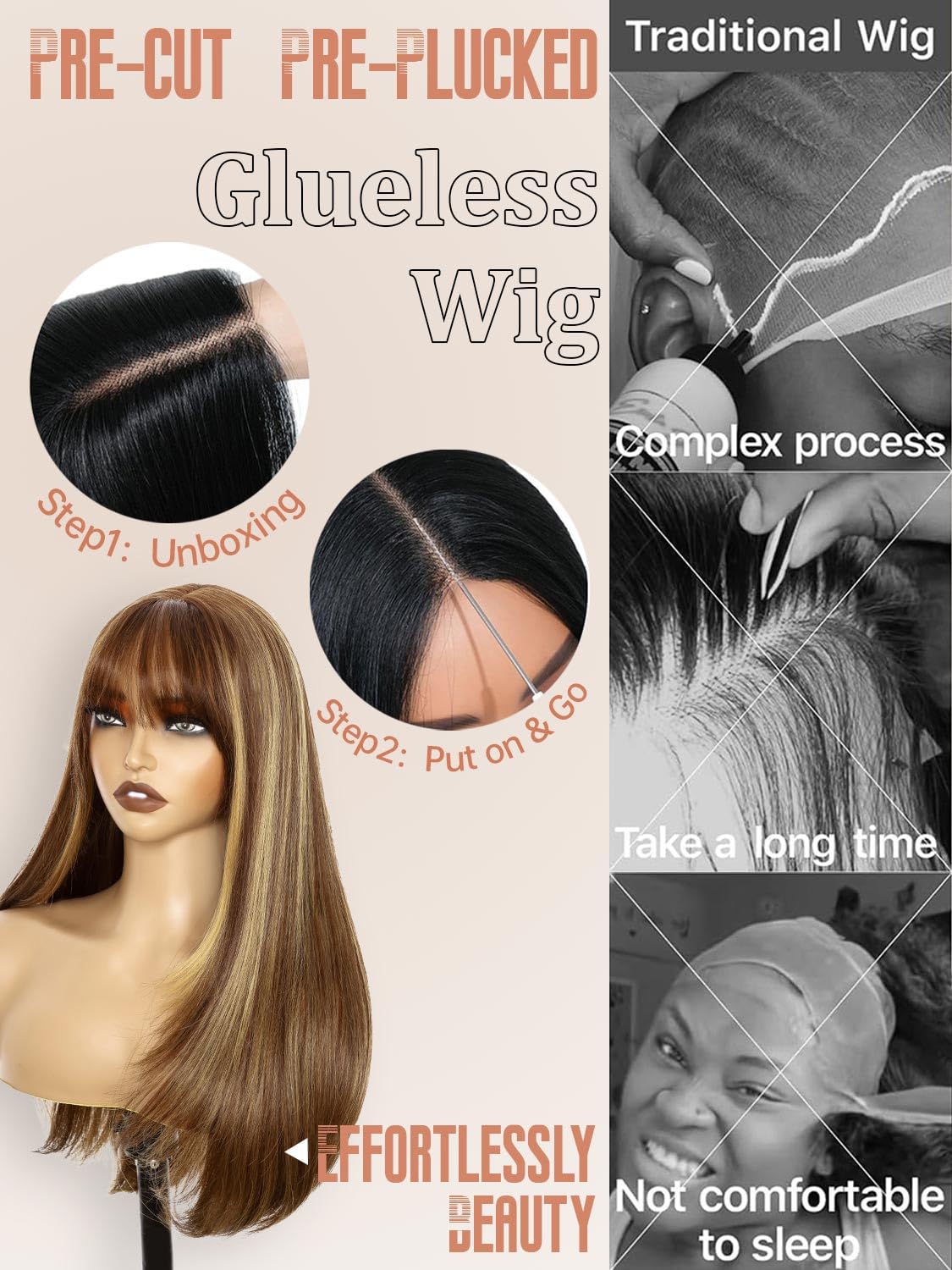 Highlight Caramel Gold Glue-Free Lace Wig for Women | 26-inch Long Straight Synthetic Wig with Curtain Bangs | Heat-resistant, Wear-resistant, No Glue Required | Suitable for Cosplay and Everyday Use