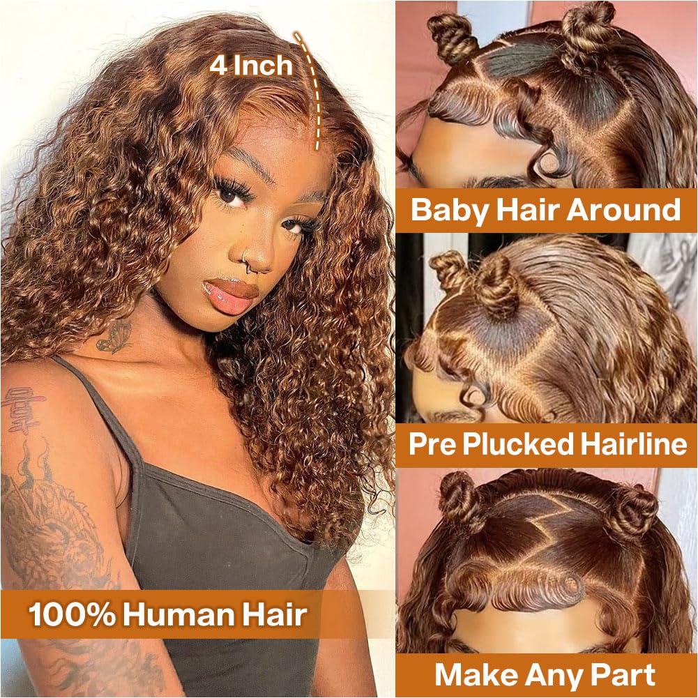 Curly Bob Wig, Real Hair, Deep Wave, 13x4 HD, Lace Front Wig, Suitable for Black Women, Pre-Pulled, Wear-on, Glue-free, Short, Wet Wave, Gradient Honey Gold, High Gloss Color, 4/27, 14 Inch