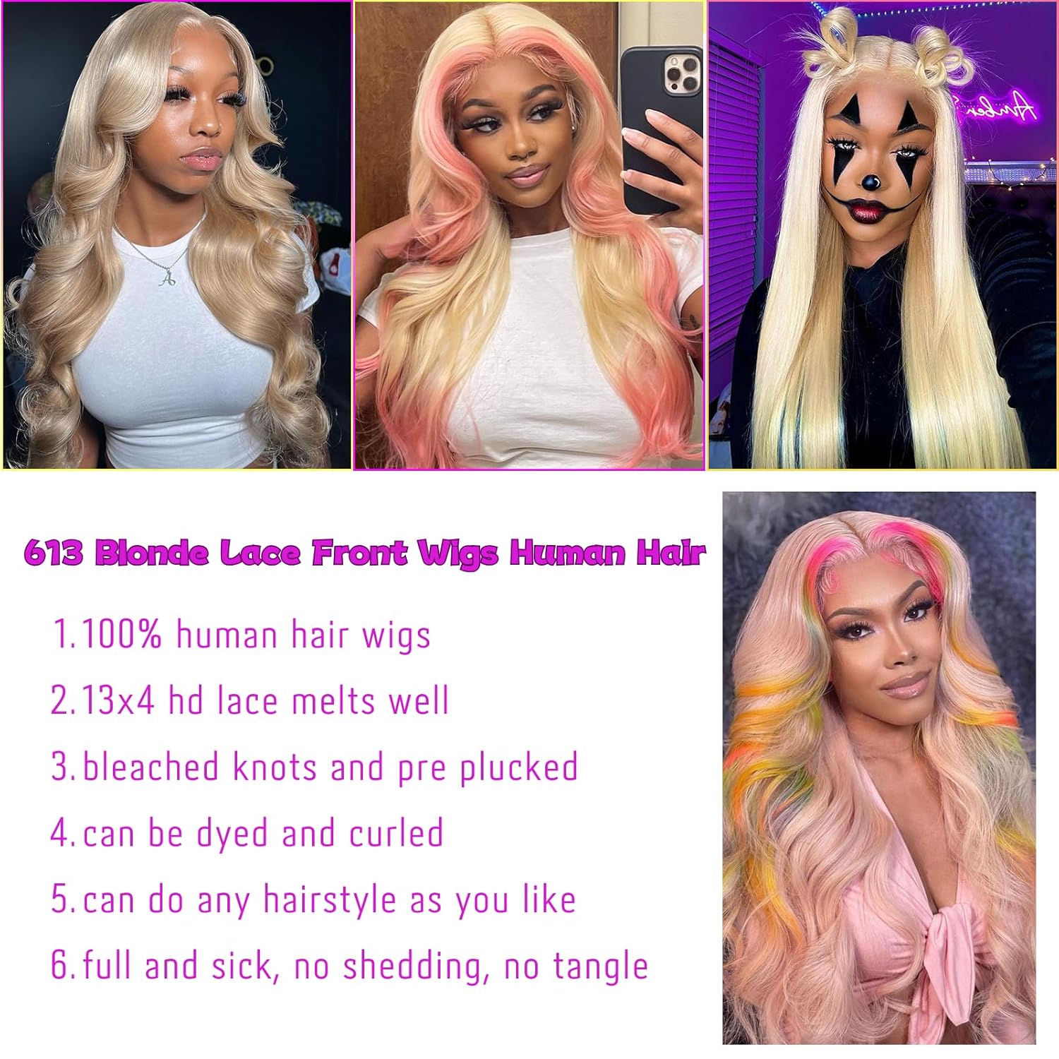 bunGiol 613 Blonde Lace Front Wig, Real Hair, 13x4mm, High-Definition Transparent Wig, 180% Density, 28 Inch (Approx. 28 cm), Brazilian Glue-Free Straight Lace Front Wig, Real Hair, Pre-Pulled Baby Hair, Bleached and Knotted.