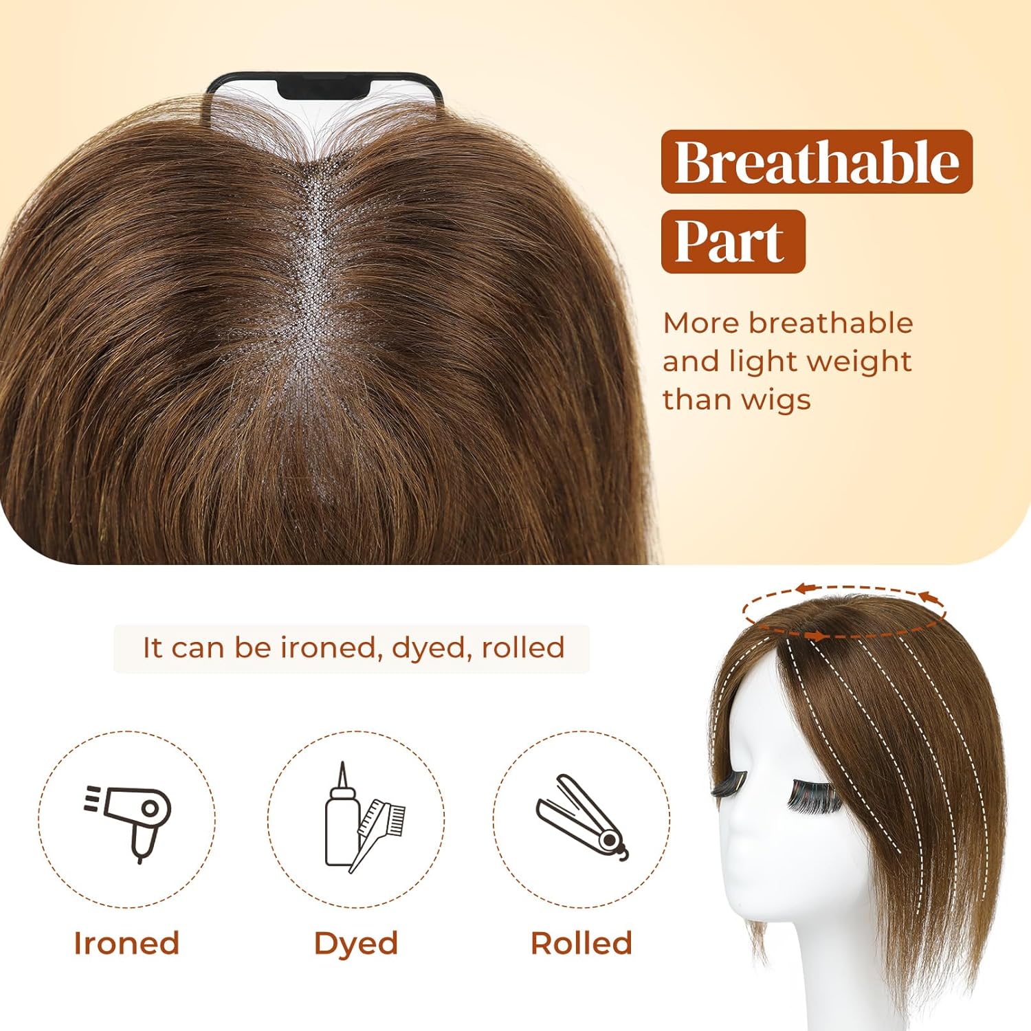 LONAI Human Hair Accessory, 10-inch 100% Human Hair Accessory, suitable for thinning hair, large hand-woven area covers natural hair accessory, women's everyday wear, 5 inches x 3.5 inches (approx. 12.7 x 8.9 cm), silk base, chocolate brown, gold.