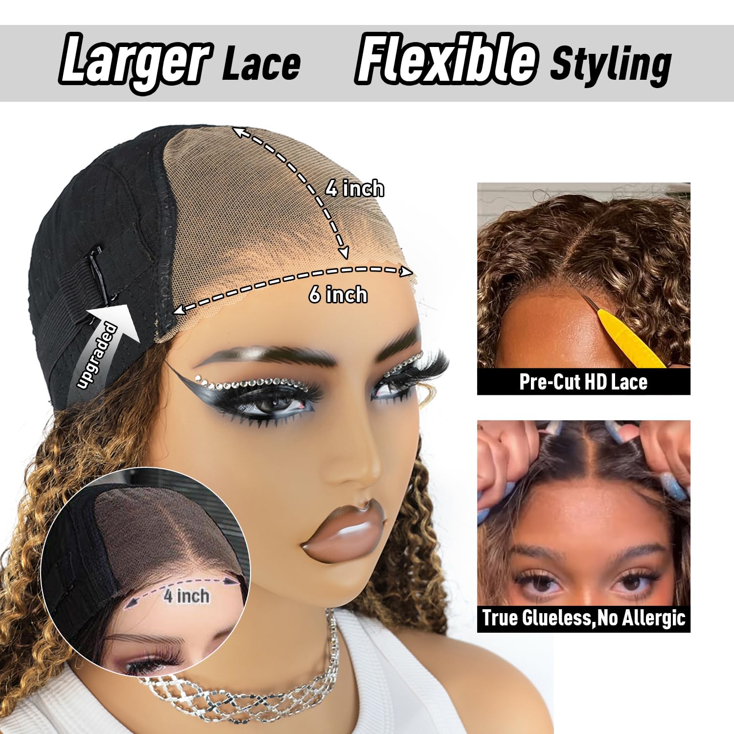 Gradient highlight wearable and glue-free wig, curly, 4/27 honey blonde glue-free wig, real hair pre-plucked and pre-cut, 6x4 high-definition lace front wearable wig 200% density 24 inches (approx. 60.0 cm)