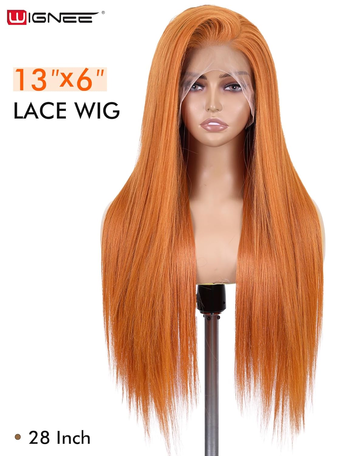 WIGNEE 13x6 Synthetic Lace Front Wig, Pre-Pulled Synthetic Straight Wig, 28 Inch (Approx. 71.1 cm), Volumizing Ginger Lace Front Wig, with Kanekalon Futura Hair
