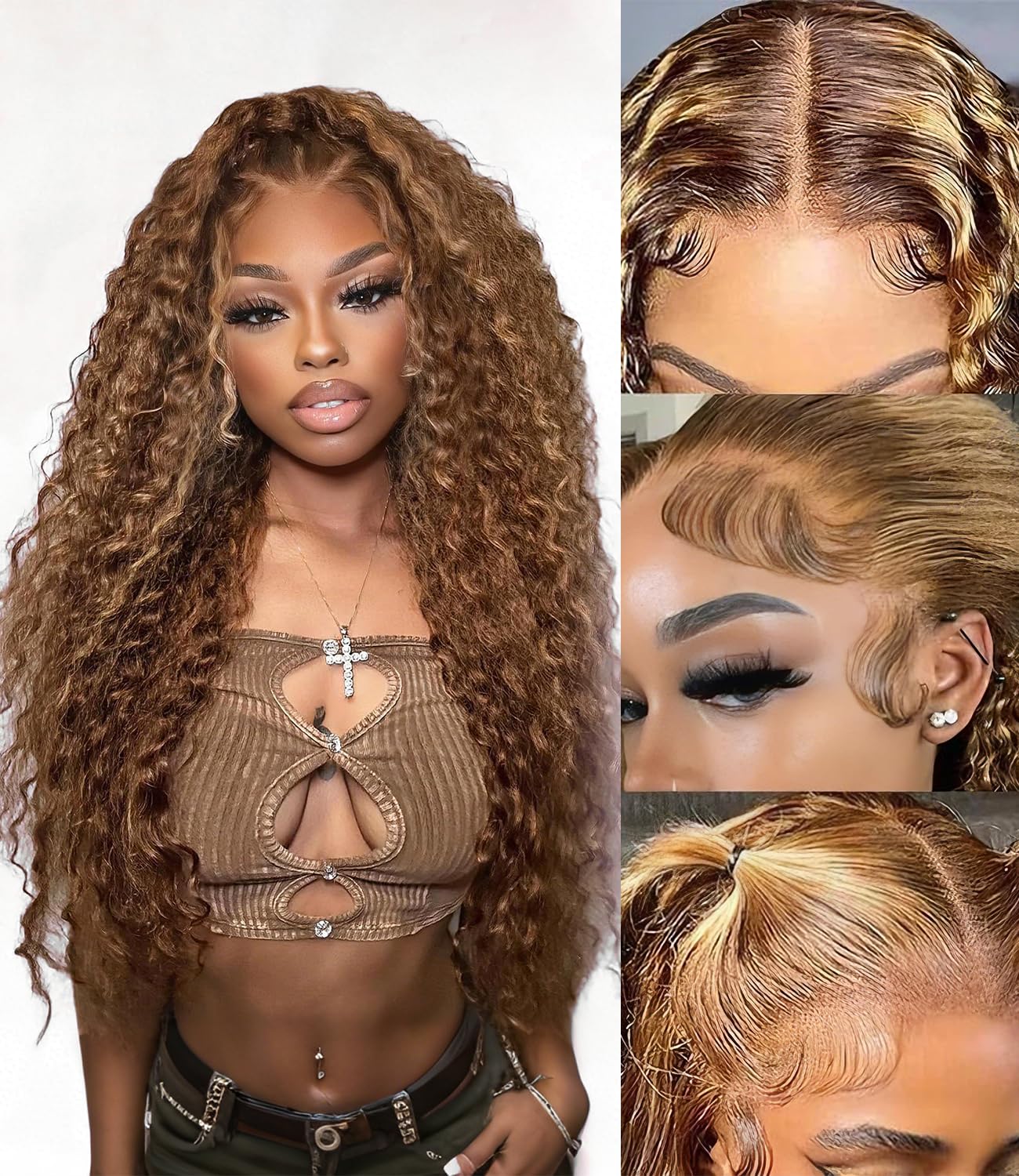 Glue-free, pre-cut, high-gloss, gradient deep wave lace front wig, 180mm density, 5x5mm HD lace closure, suitable for Black women, suitable for beginners, 24 inches.