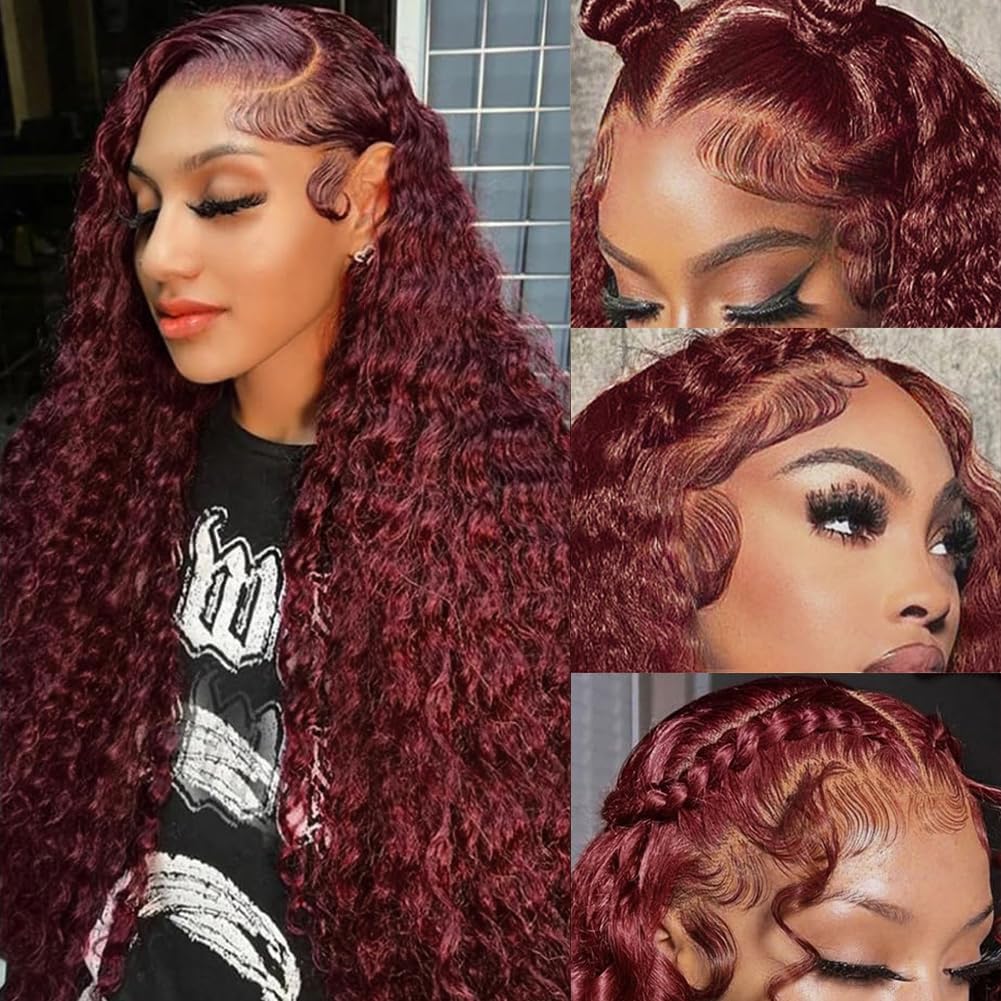 Reddish-brown lace wig, real hair, 30 inches (approx. 30 cm), reddish-brown curly lace wig, 180 density, 33# deep wave, 13x6 high-definition lace wig, real hair pre-plucked, suitable for women, burgundy color real hair wig.