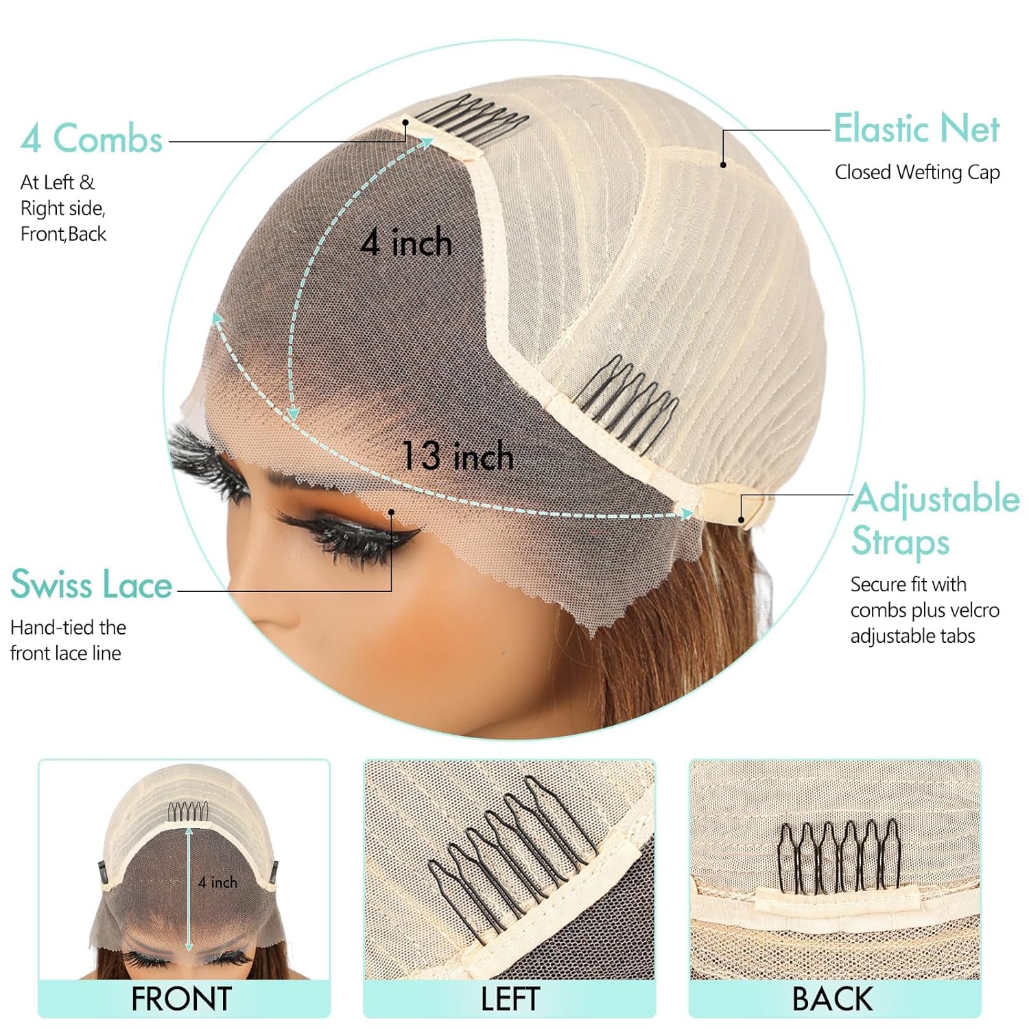 PYH 22-inch 13x4 Straight Front Lace Wig, Real Hair, 220% Pre-Pulled, High Density, High Gloss, HD Front View, Lace Brown Wig #4/613 (Color)