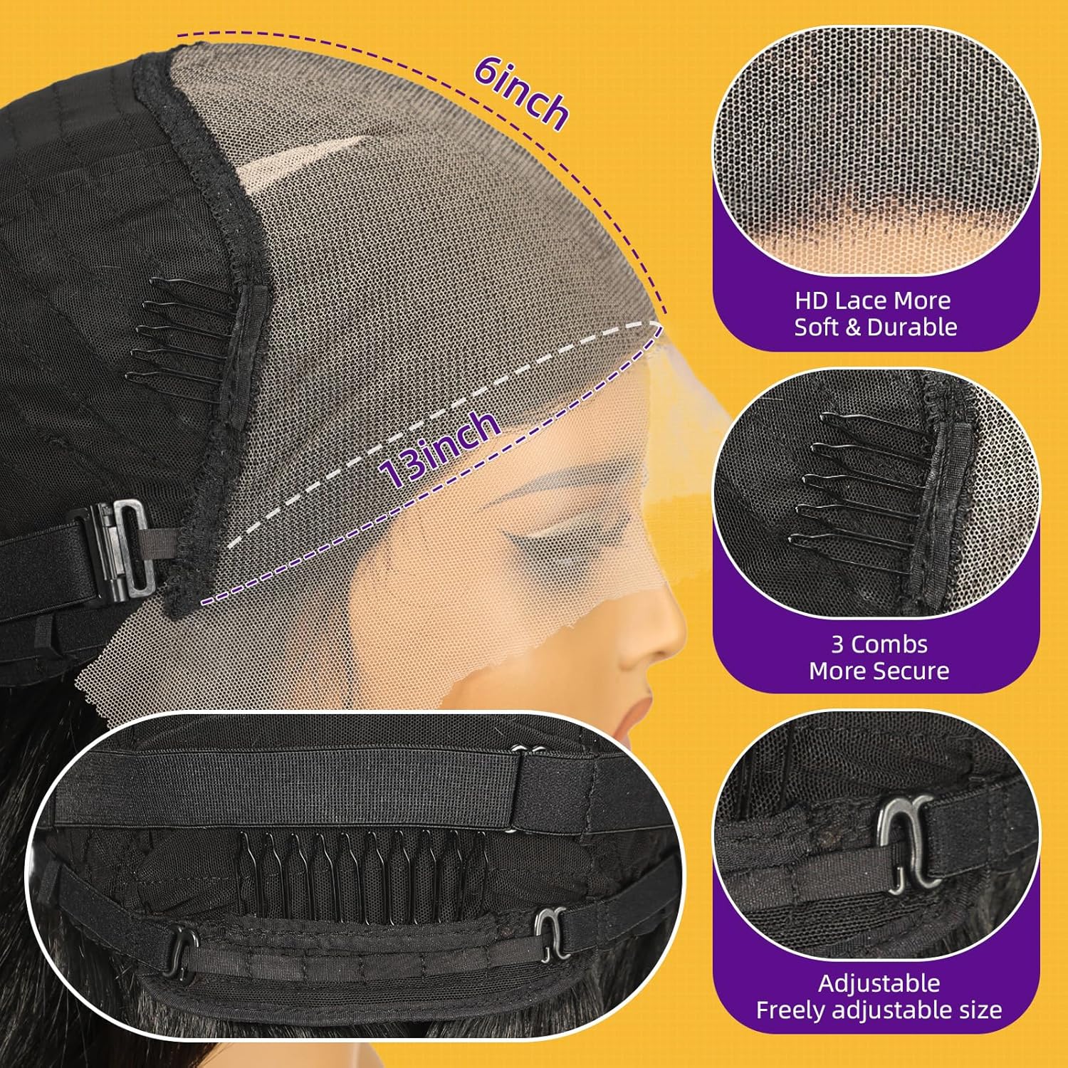 Blonde synthetic lace wig, 13x6 cm long, straight, layered, glue-free wig, suitable for everyday wear by women, 22 inches (approximately 22 cm).