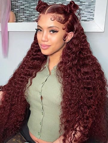 Reddish-brown lace front wig, real hair 13x6; Red curly lace front wig, 180mm density, deep wave HD; Lace front wig, real hair, pre-plucked, suitable for women; Burgundy 33# colored real hair wig, 18 inches (approx. 45.7 cm).