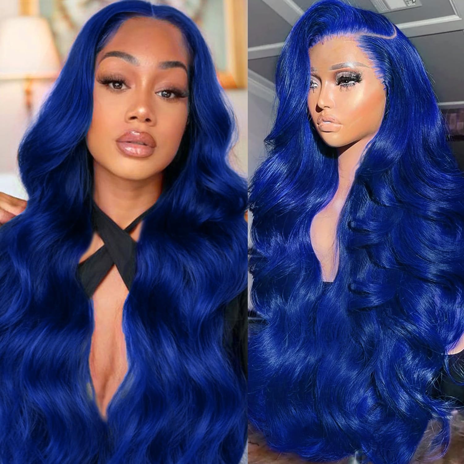 Blue glue-free wig, 200% real hair pre-plucked, dark blue wavy lace front wig, 9x6mm real hair pre-cut, HD transparent lace front colored wig, women's style, 20 inches.
