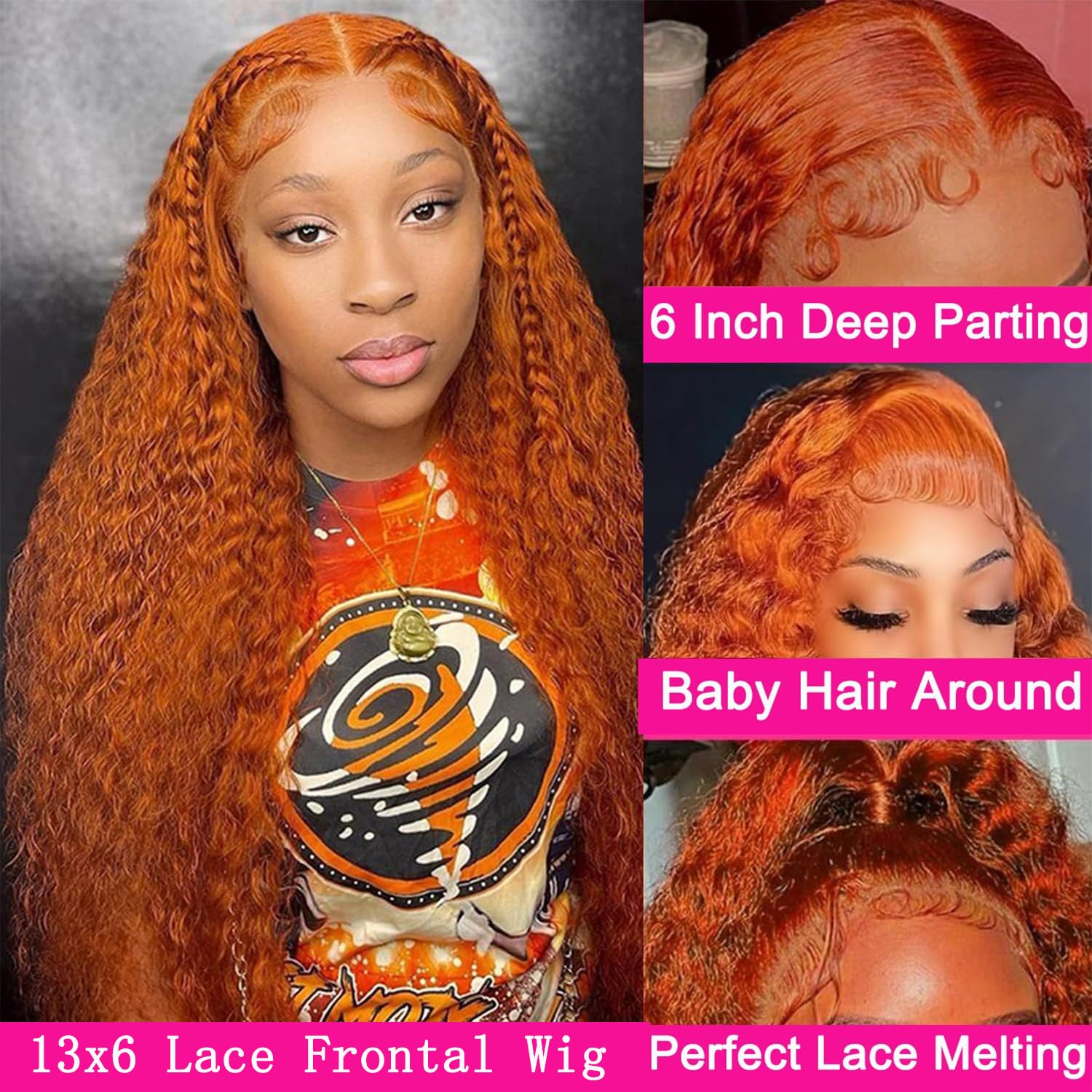 30-inch (approx. 30 cm) Ginger Lace Front Wig, Real Hair 13x6, Deep Wave Wig, Orange Ginger Wig, Real Hair, Pre-Pulled 350, Deep Curls, High-Definition Lace Front Wig, Women's Style, 180% Density, Wet Wave Deep Curls, Front Wig