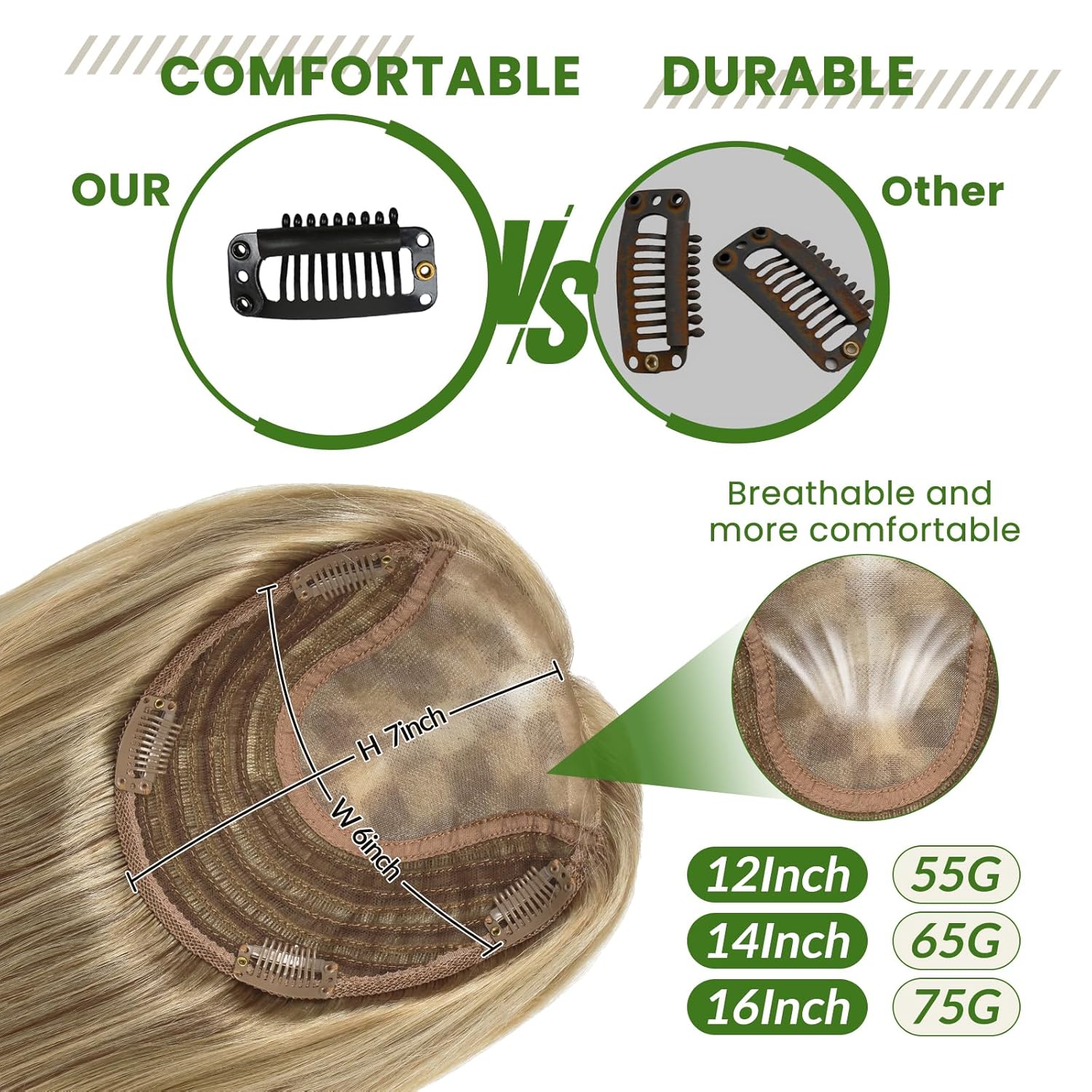 Women's hair accessory, made with realistic human hair, 150 density, 6 x 7 inches (approx. 15.2 x 17.8 cm), 12-inch base (approx. 30.5 cm), 55 grams, golden brown caramel gold hair with sparse hair cover, grey roots (#102727 12 inches).