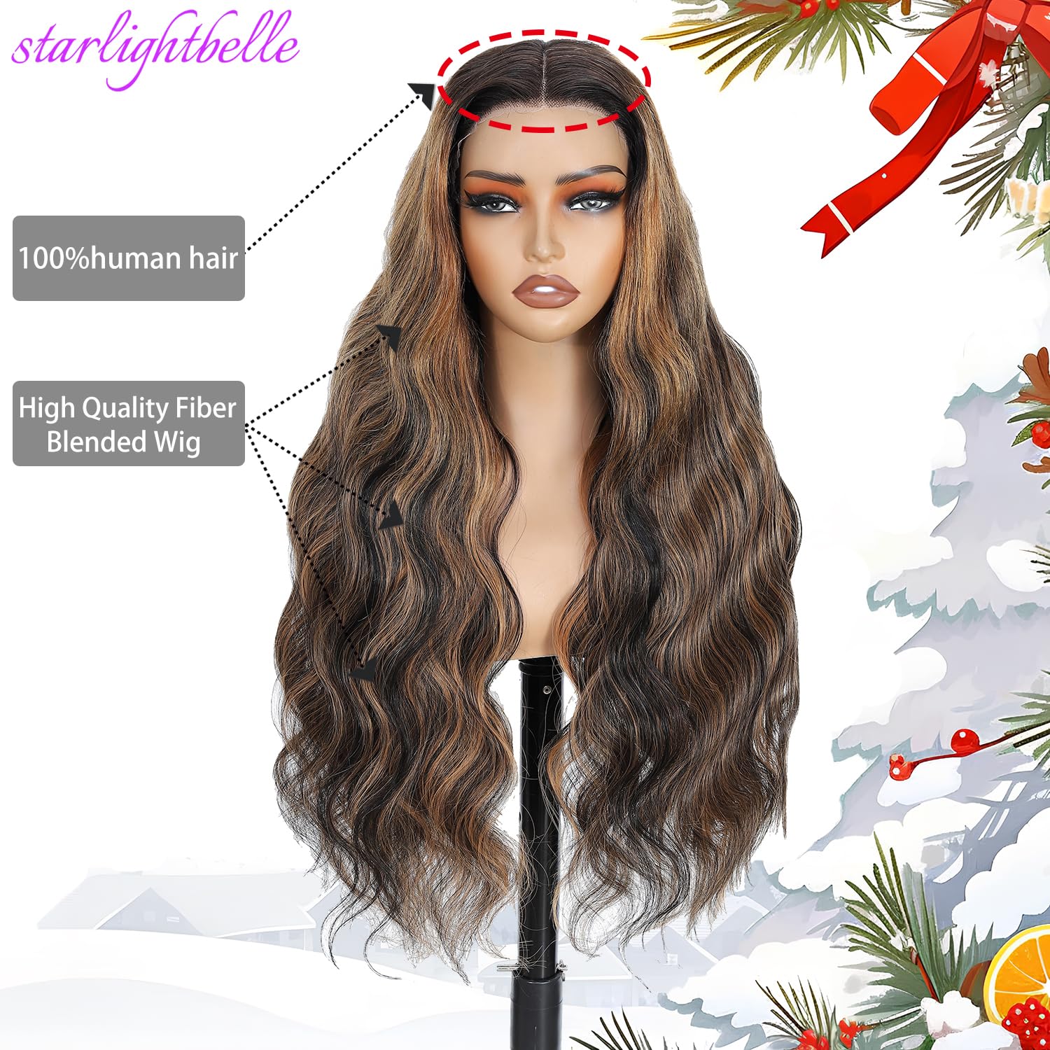 28-inch (approx. 28 cm) high-gloss gradient lace front wig, easy to wear and remove, glue-free wig, 1B/30 body wave real hair blend premium fiber wig, pre-plucked baby hair 220% density