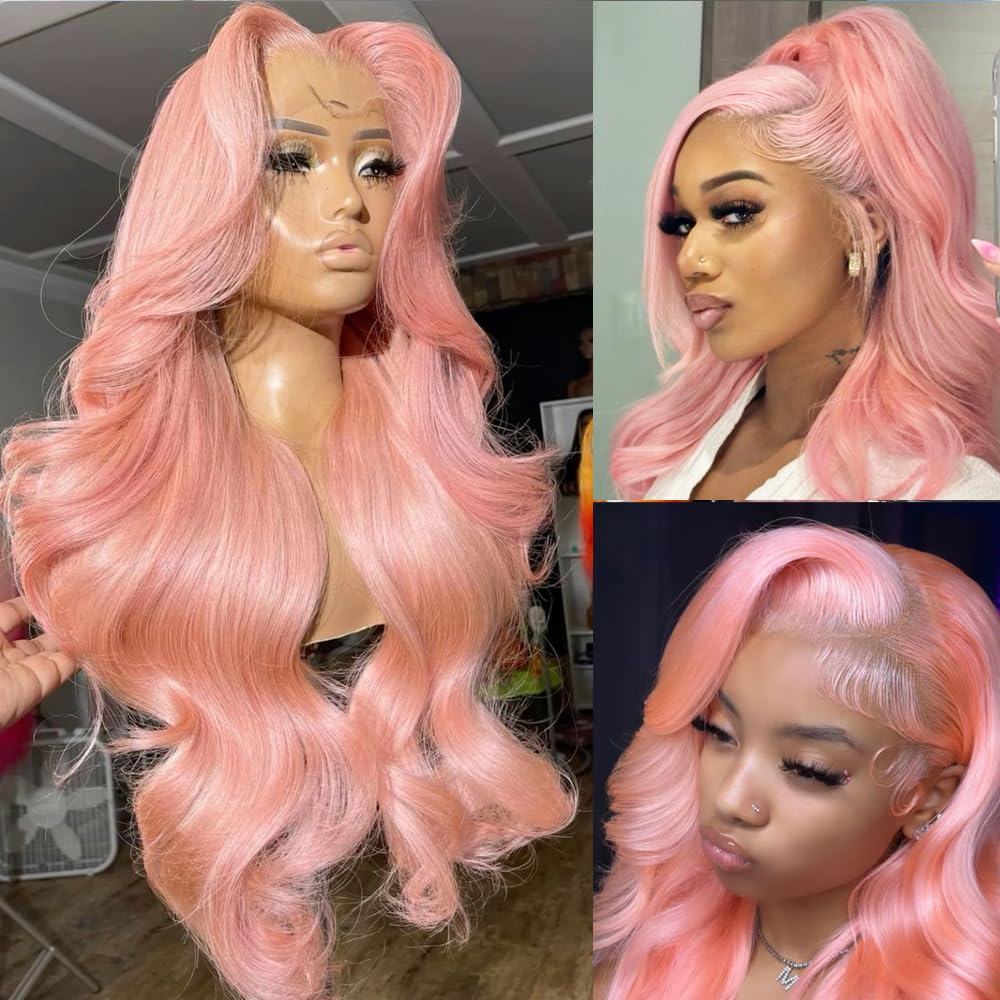 ANDRIA 13x4 High Definition Lace Front Wig 28 Inch (Approx. 50.8 cm) Pink Wavy Long Lace Front Wig, Pre-Pulled Hairline, Synthetic Lace Front Wig with Baby Hair, Heat-Resistant Fiber Wig for Women