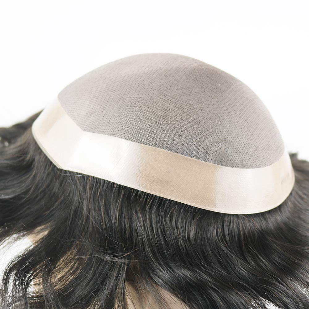 SIMBEAUTY Durable Toupee for Men Human Hair System Replacement Fine Mono Hairpiece Poly Skin NPU Around Monofilament Mens Wig Durable Male Capillary Prothesis (6x8 Inches, 1B(Off Black))
