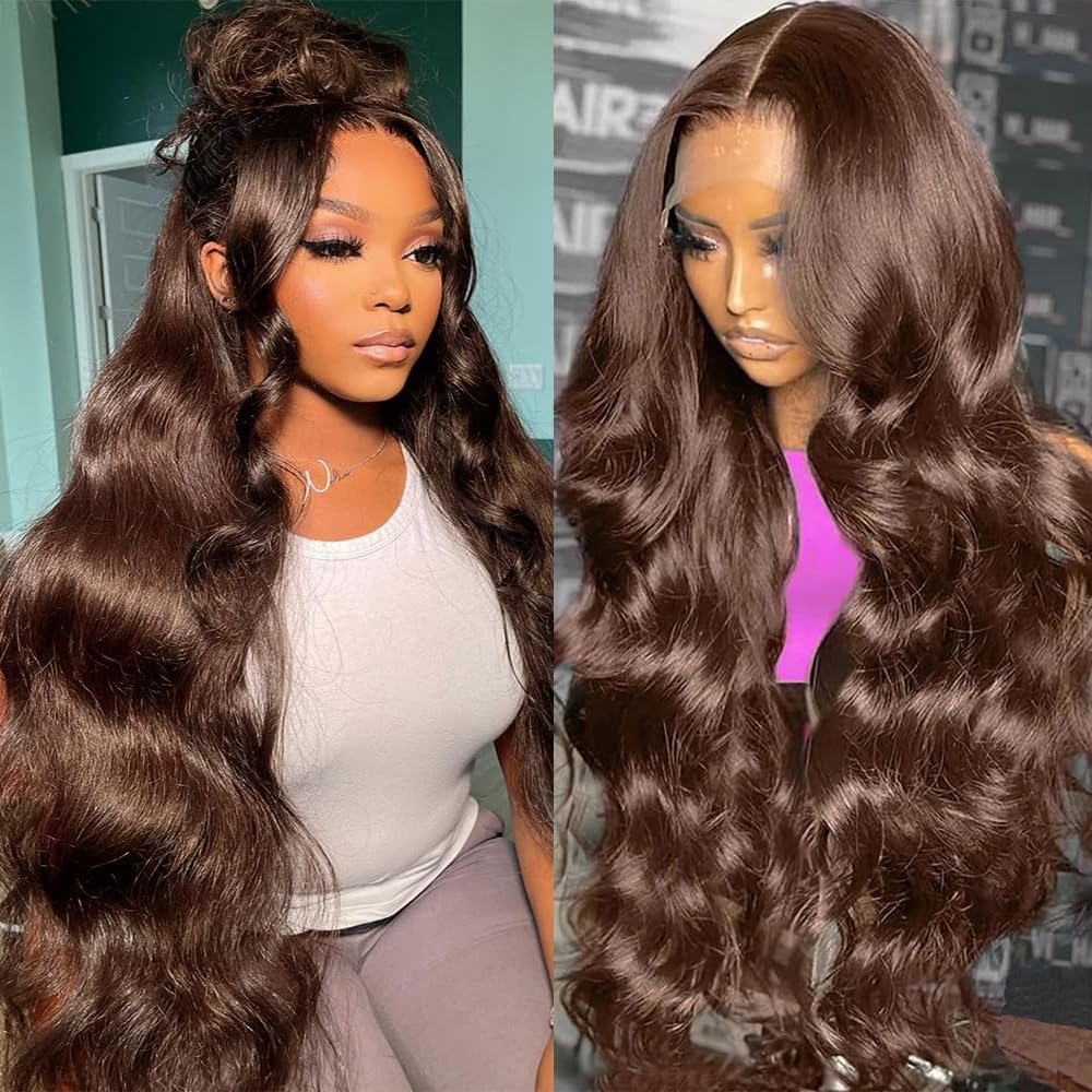 A8 Chocolate Brown Real Hair Wig 200 Density 13X6 Body Wavy Lace Front Wig Real Hair High Definition Forehead Wig Pre-pulled No Glue Brown Lace Front Wig Women's 26 Inch