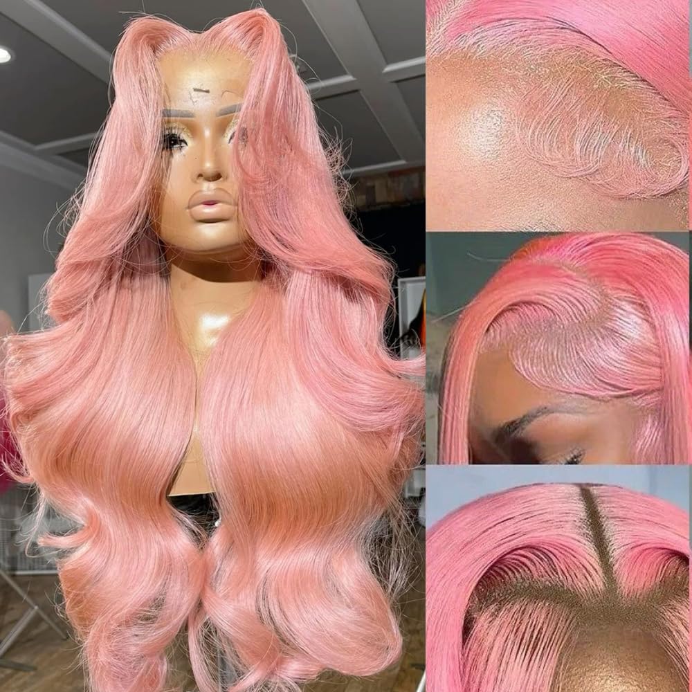 ANDRIA 13x4 High Definition Lace Front Wig 28 Inch (Approx. 50.8 cm) Pink Wavy Long Lace Front Wig, Pre-Pulled Hairline, Synthetic Lace Front Wig with Baby Hair, Heat-Resistant Fiber Wig for Women