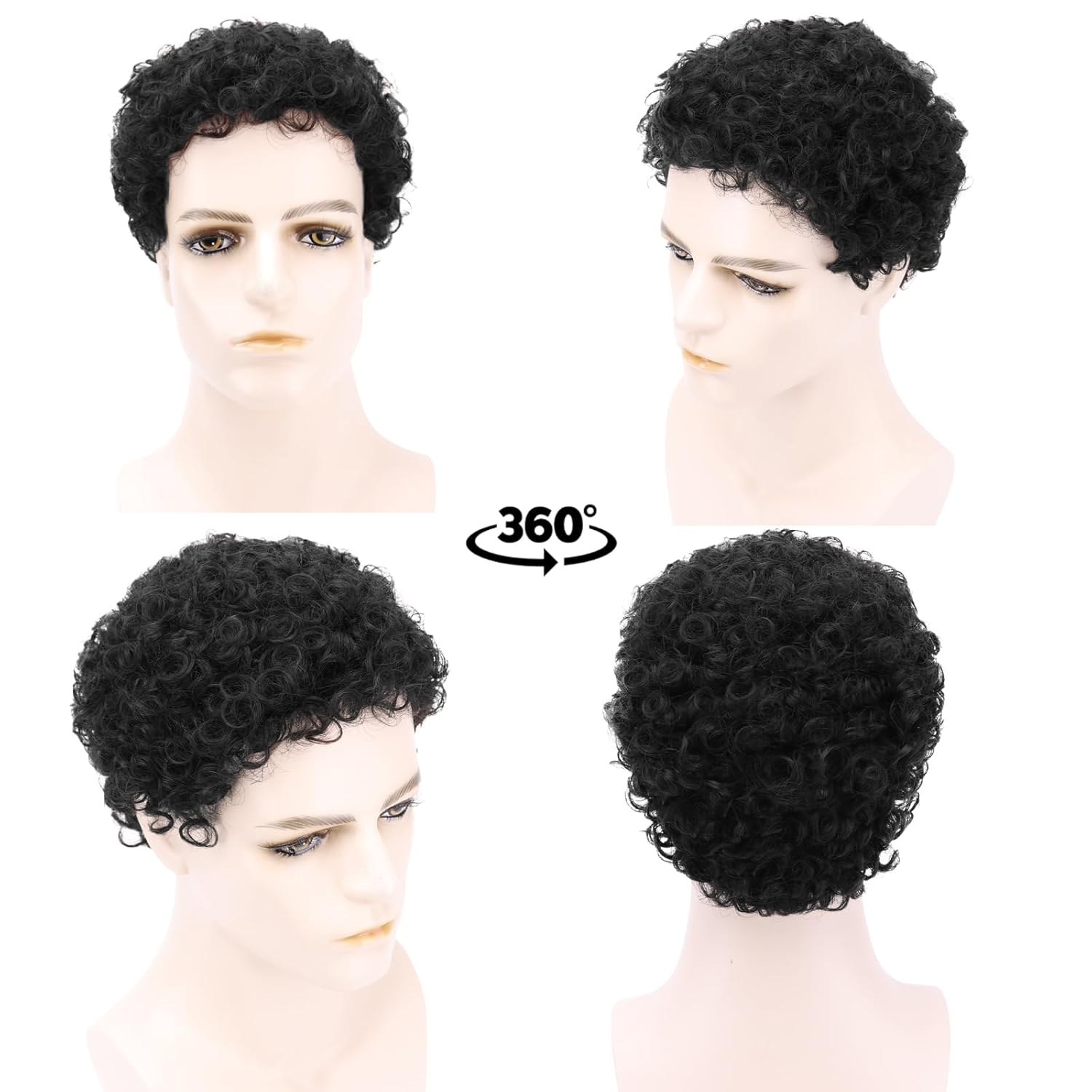Men's Full Head Wig with Real Hair, Curly Wig, Short Curly Hair, Fluffy and Realistic Curly Strands, Thin Skin, Daily and Party Men's Wig (Black)
