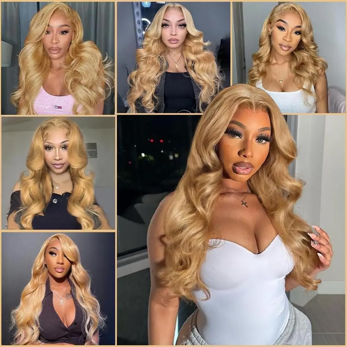 Honey blonde wig, real hair, 13x6 cm, gold lace front wig, real hair pre-plucked #27, colored 200% density HD, wavy lace forehead wig, glue-free, real human hair, 22 inches.
