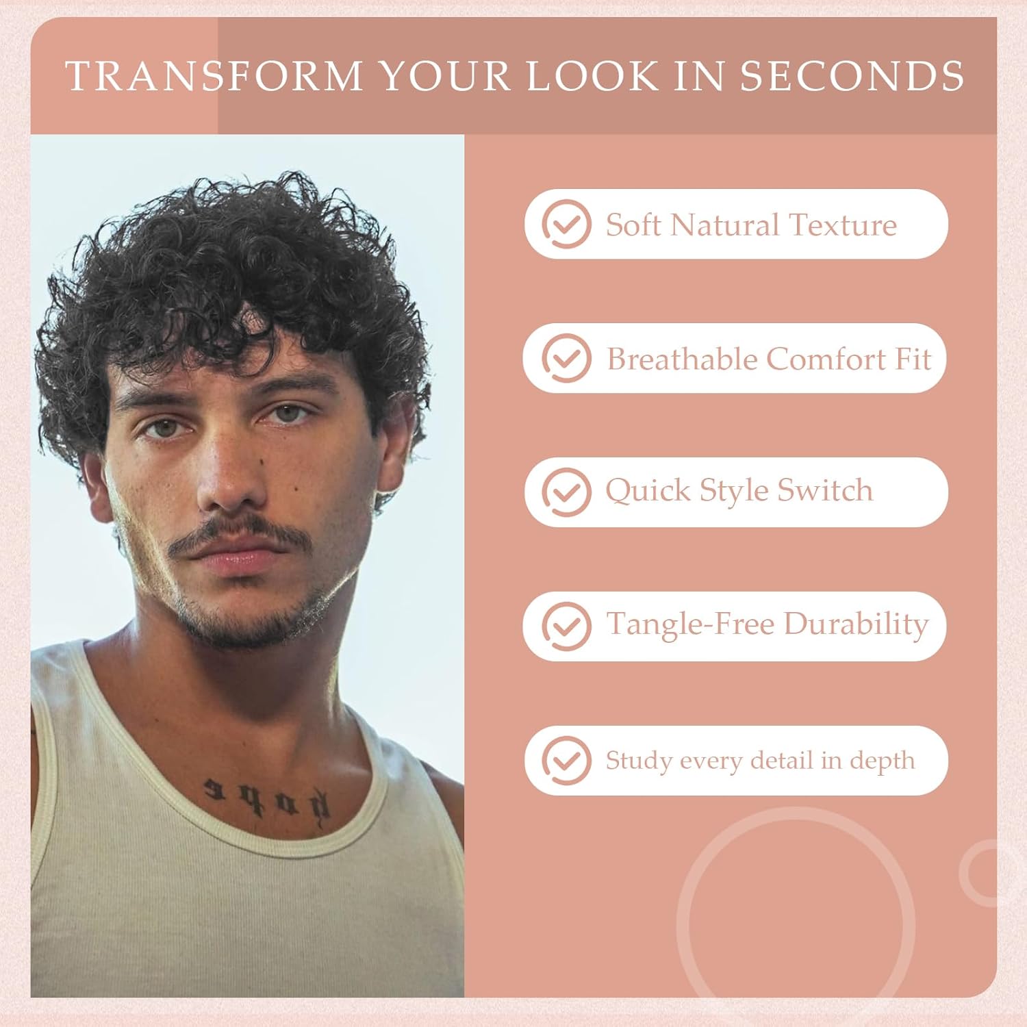 Men's Full Head Wig with Real Hair, Curly Wig, Short Curly Hair, Fluffy and Realistic Curly Strands, Thin Skin, Daily and Party Men's Wig (Black)