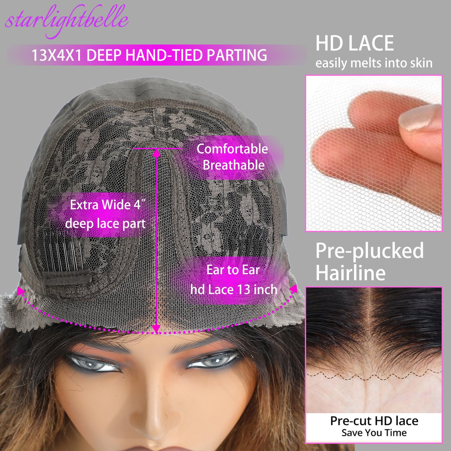 28-inch (approx. 28 cm) high-gloss gradient lace front wig, easy to wear and remove, glue-free wig, 1B/30 body wave real hair blend premium fiber wig, pre-plucked baby hair 220% density