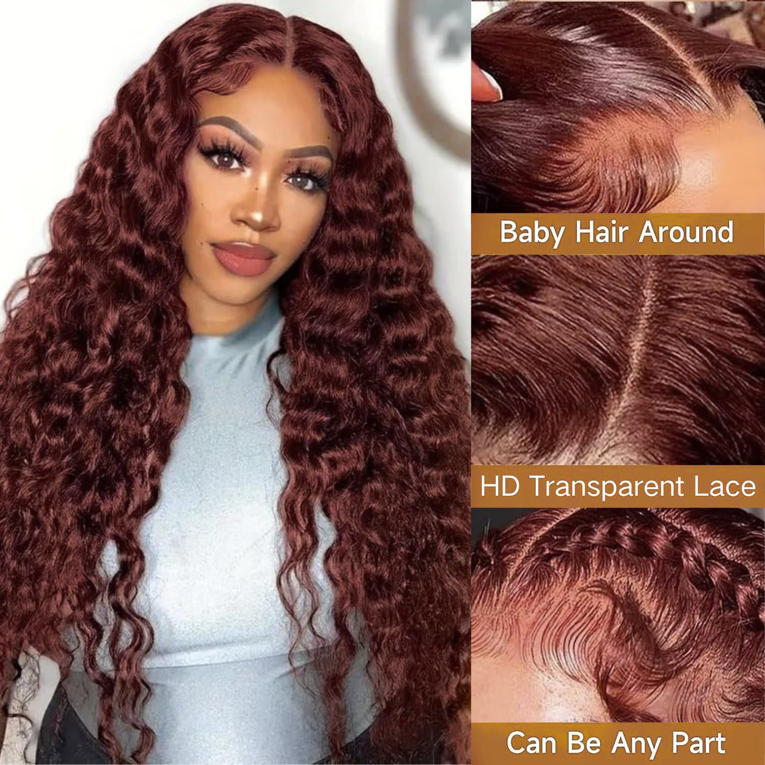 Reddish-brown lace front wig, real hair 13x6; Red curly lace front wig, 180mm density, deep wave HD; Lace front wig, real hair, pre-plucked, suitable for women; Burgundy 33# colored real hair wig, 18 inches (approx. 45.7 cm).